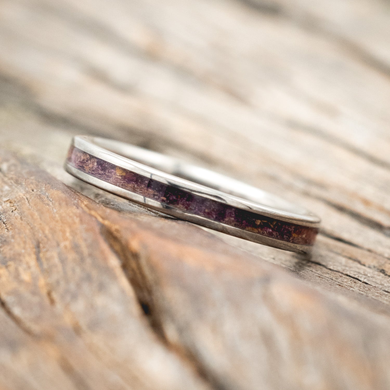 "DYAD" - MATCHING SET OF ROSE PETALS, TATTOO INK & WHISKEY BARREL OAK INLAY WEDDING BANDS-Staghead Designs