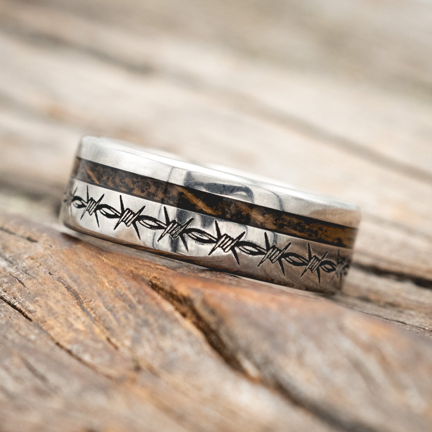 "VERTIGO" - MATCHING SET OF BARBED WIRE ENGRAVED & TATTOO INK WEDDING BANDS-Staghead Designs