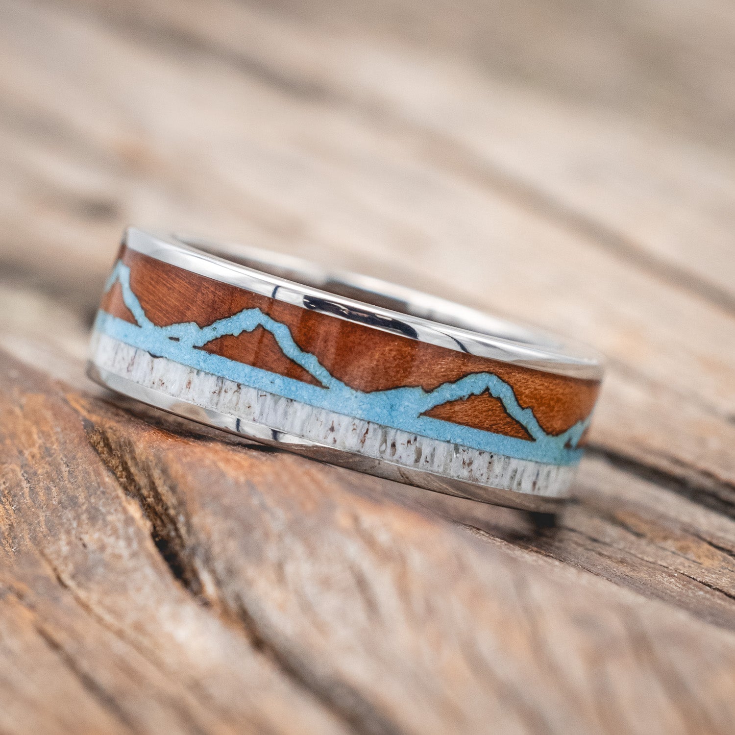 "THE EXPEDITION" - MOUNTAIN ENGRAVED WEDDING RING WITH REDWOOD, TURQUOISE & ANTLER WITH REDWOOD LINING-Staghead Designs