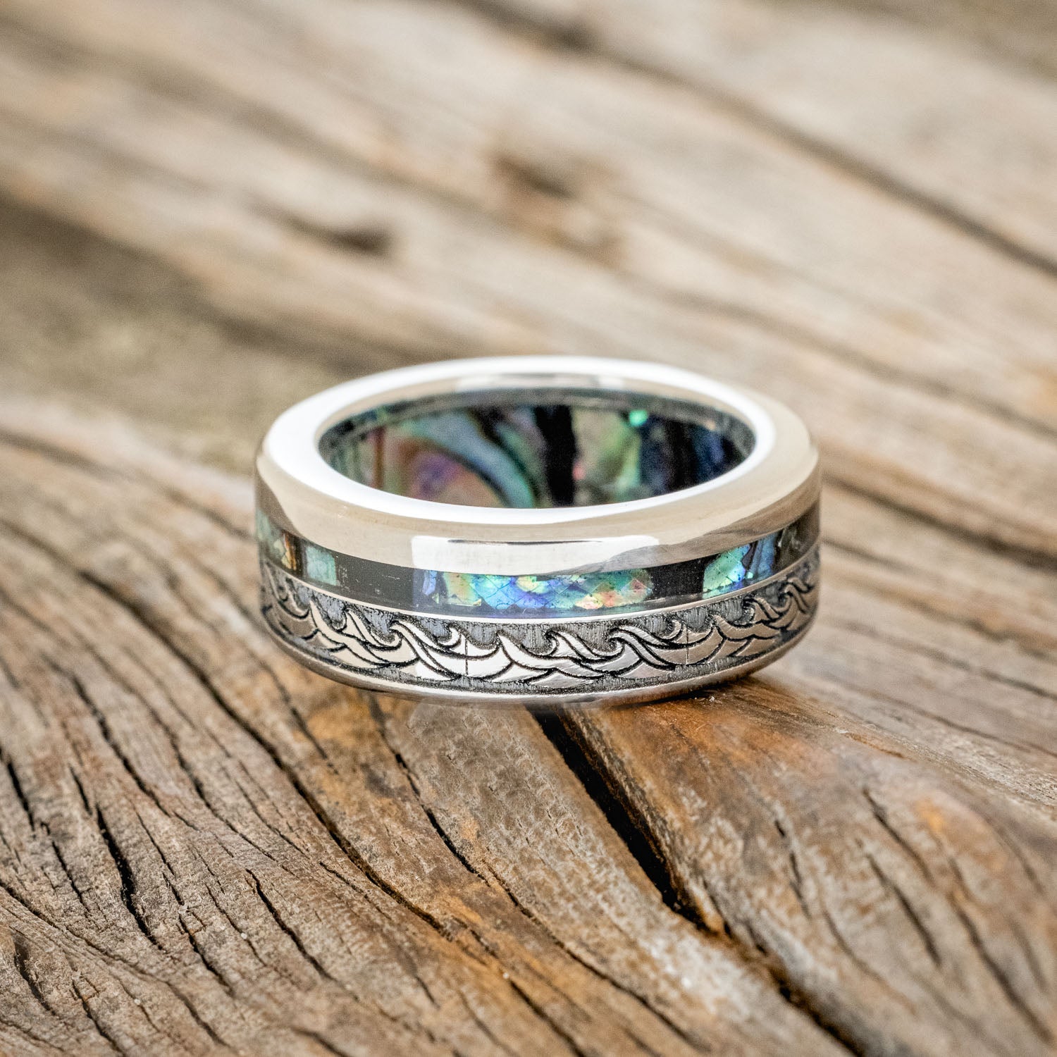 "TRITON" - WAVE ENGRAVED WEDDING BAND WITH PAUA SHELL INLAY & LINING-3