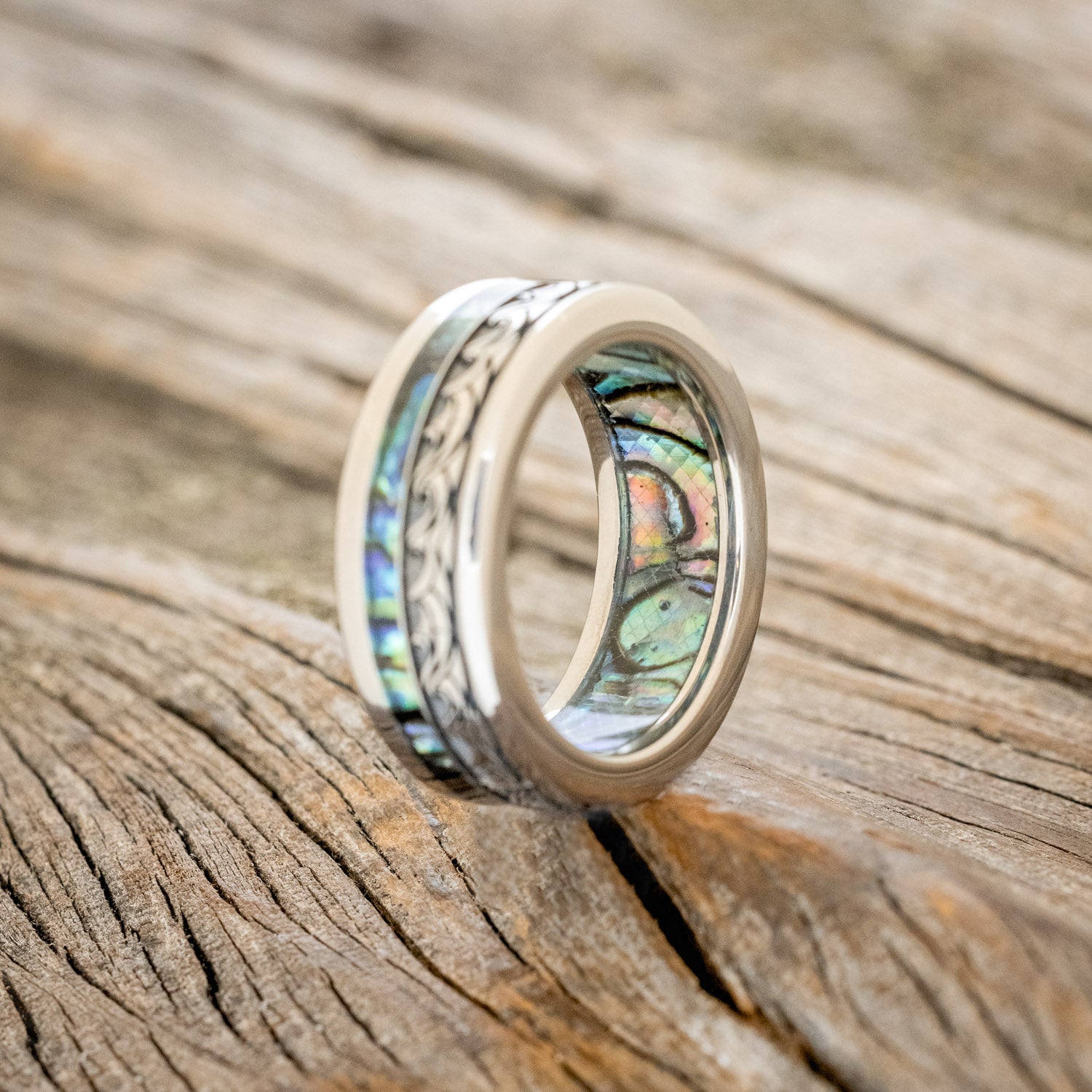 "TRITON" - WAVE ENGRAVED WEDDING BAND WITH PAUA SHELL INLAY & LINING-4