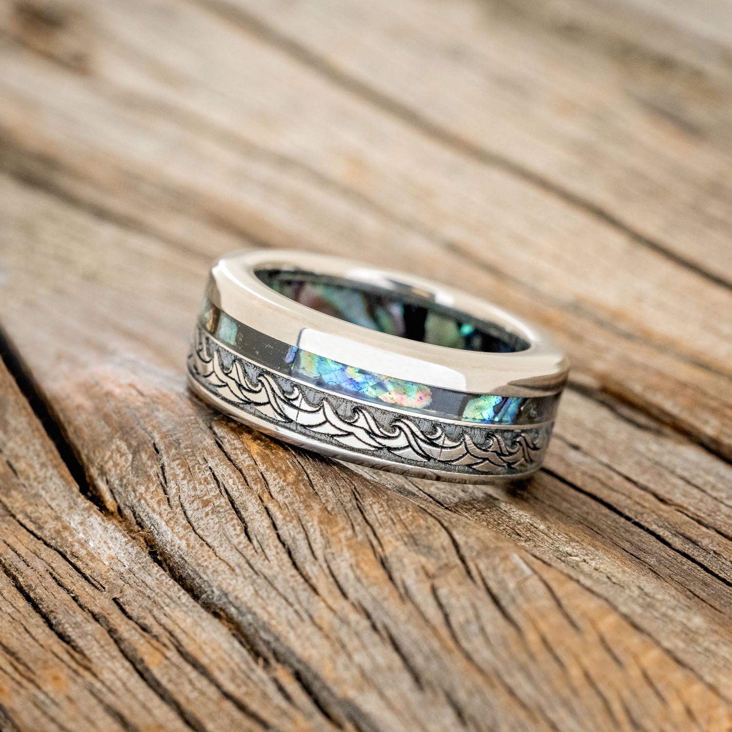 "TRITON" - WAVE ENGRAVED WEDDING BAND WITH PAUA SHELL INLAY & LINING-2