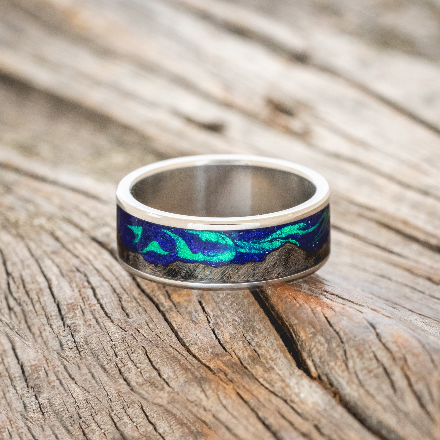 "BOREALIS" - MOUNTAIN ENGRAVED WEDDING RING WITH DARK MAPLE WOOD & GLOW IN THE DARK NORTHERN LIGHTS-6