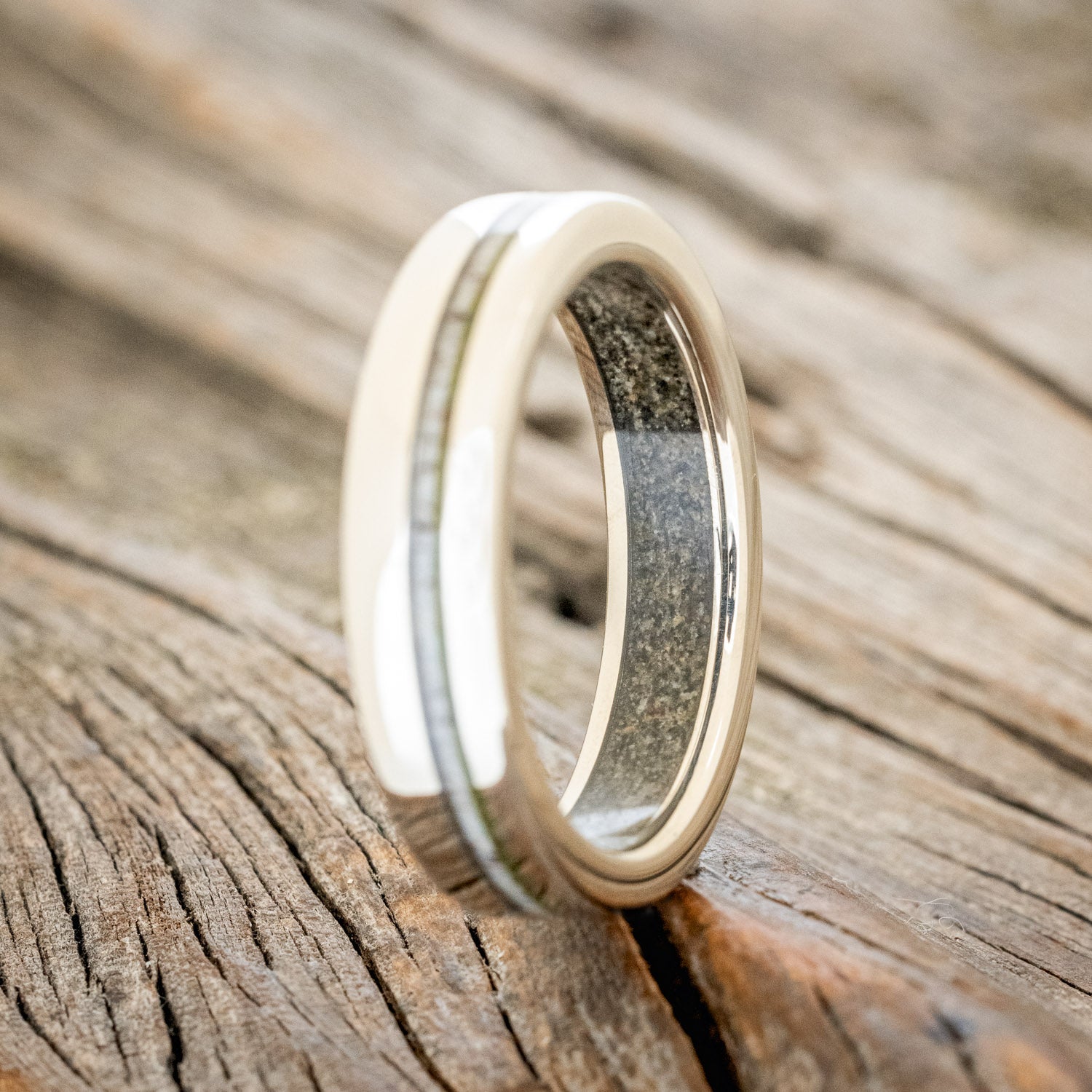 "VERTIGO" - MOSS & ANTLER INLAYS WITH SAND LINING WEDDING RING-4