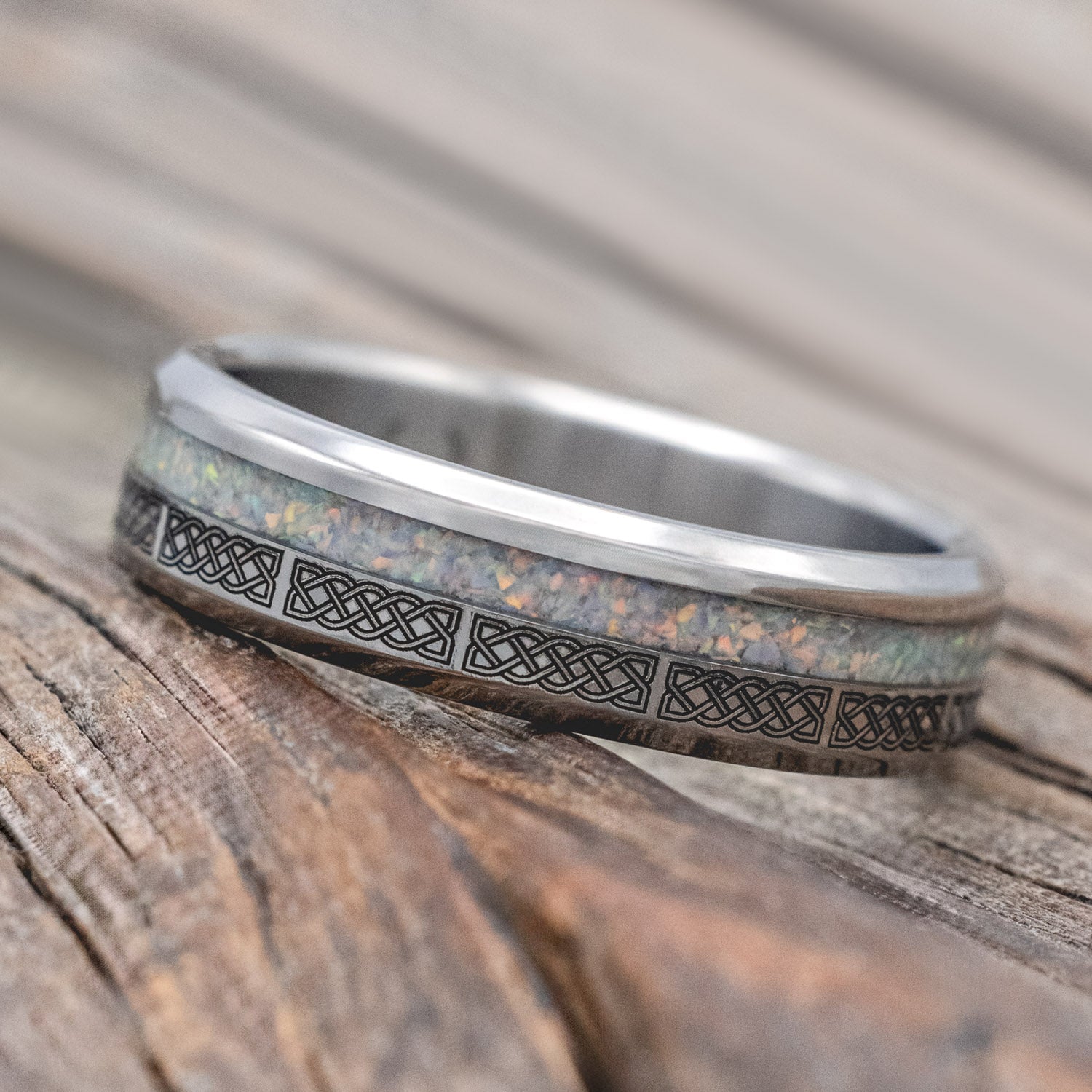 "VERTIGO" - CELTIC SAILOR'S KNOT ENGRAVED WITH FIRE & ICE OPAL WEDDING RING-Staghead Designs