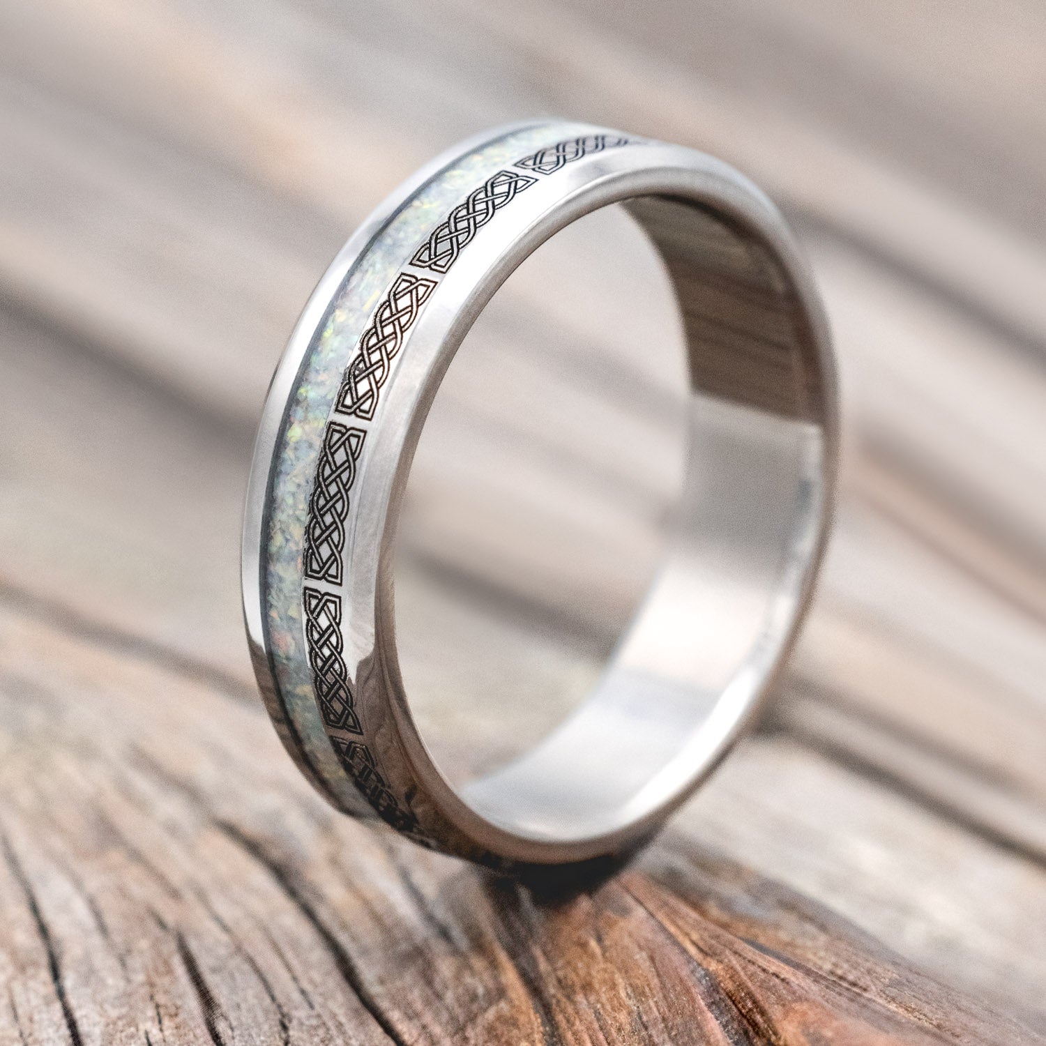 "VERTIGO" - CELTIC SAILOR'S KNOT ENGRAVED WITH FIRE & ICE OPAL WEDDING RING-Staghead Designs