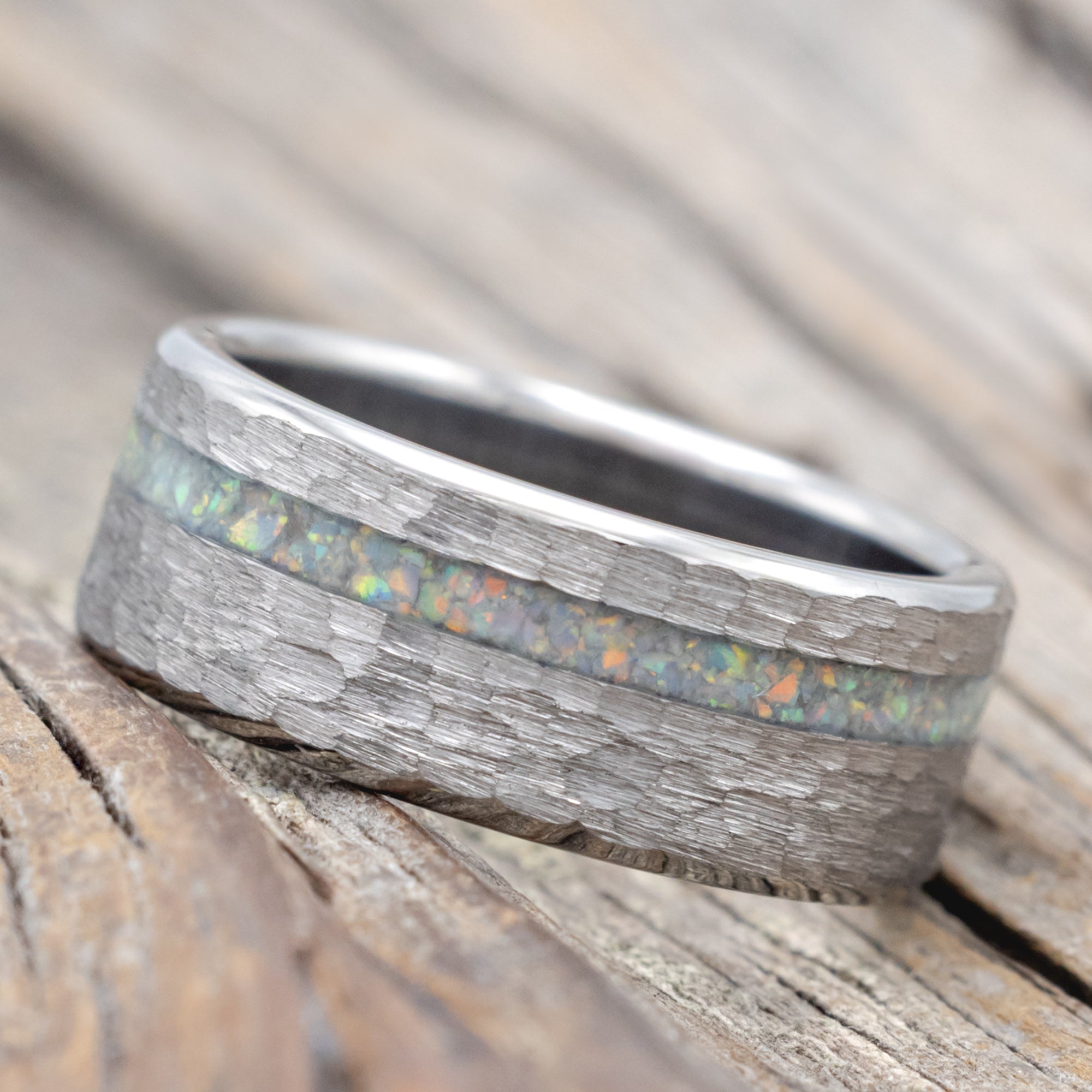 "Vertigo" - Fire & Ice Opal Wedding Band With Custom Finish-Staghead Designs
