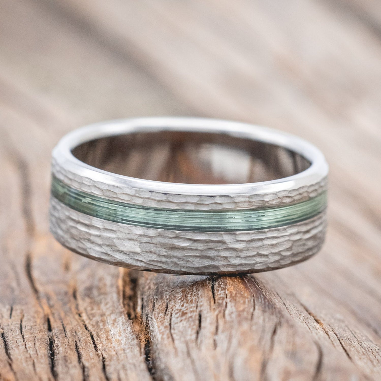 "VERTIGO" - HAMMERED WEDDING BAND WITH FISHING LINE INLAYS-Staghead Designs