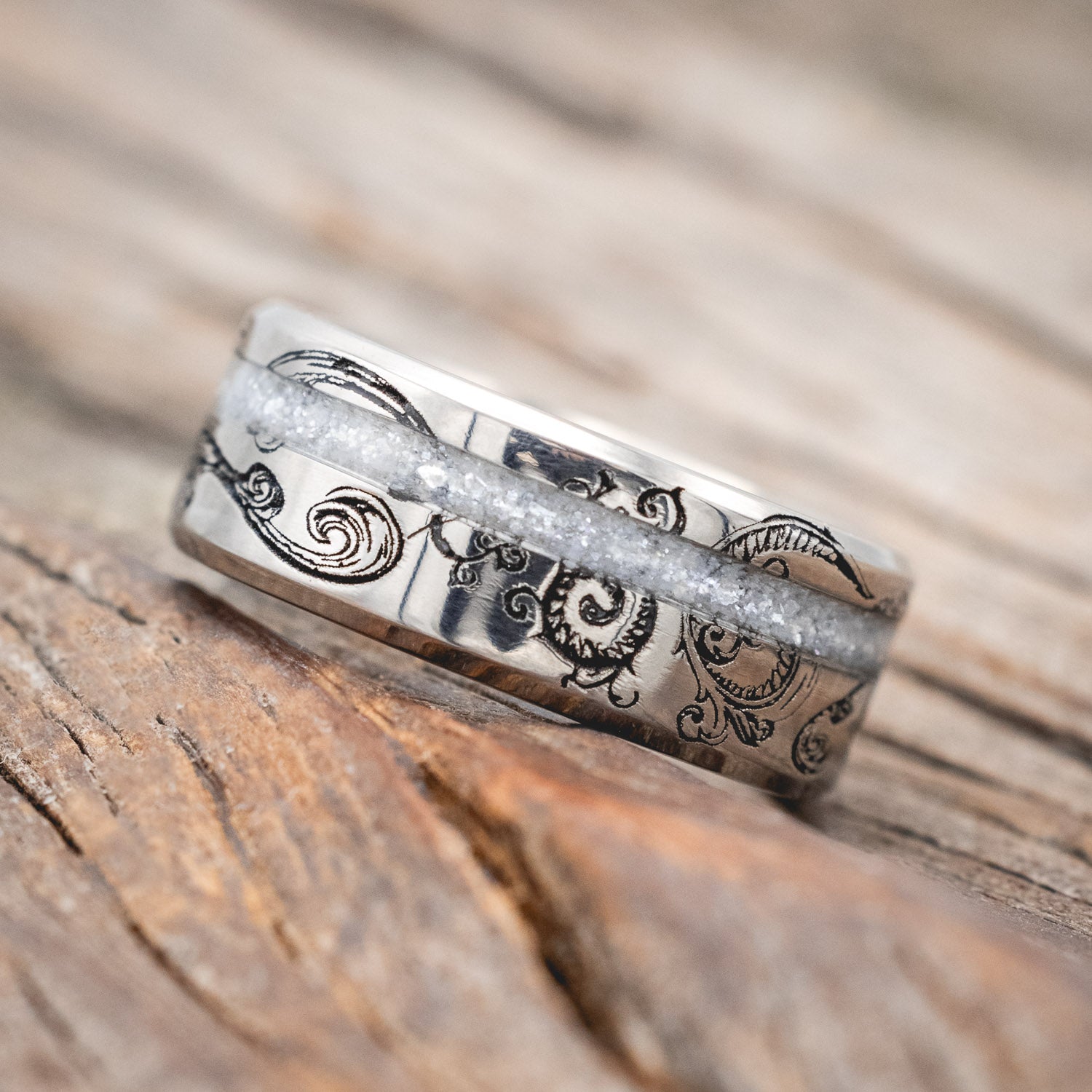 "VERTIGO" - FLORAL ENGRAVED DIAMOND DUST WEDDING RING-Staghead Designs