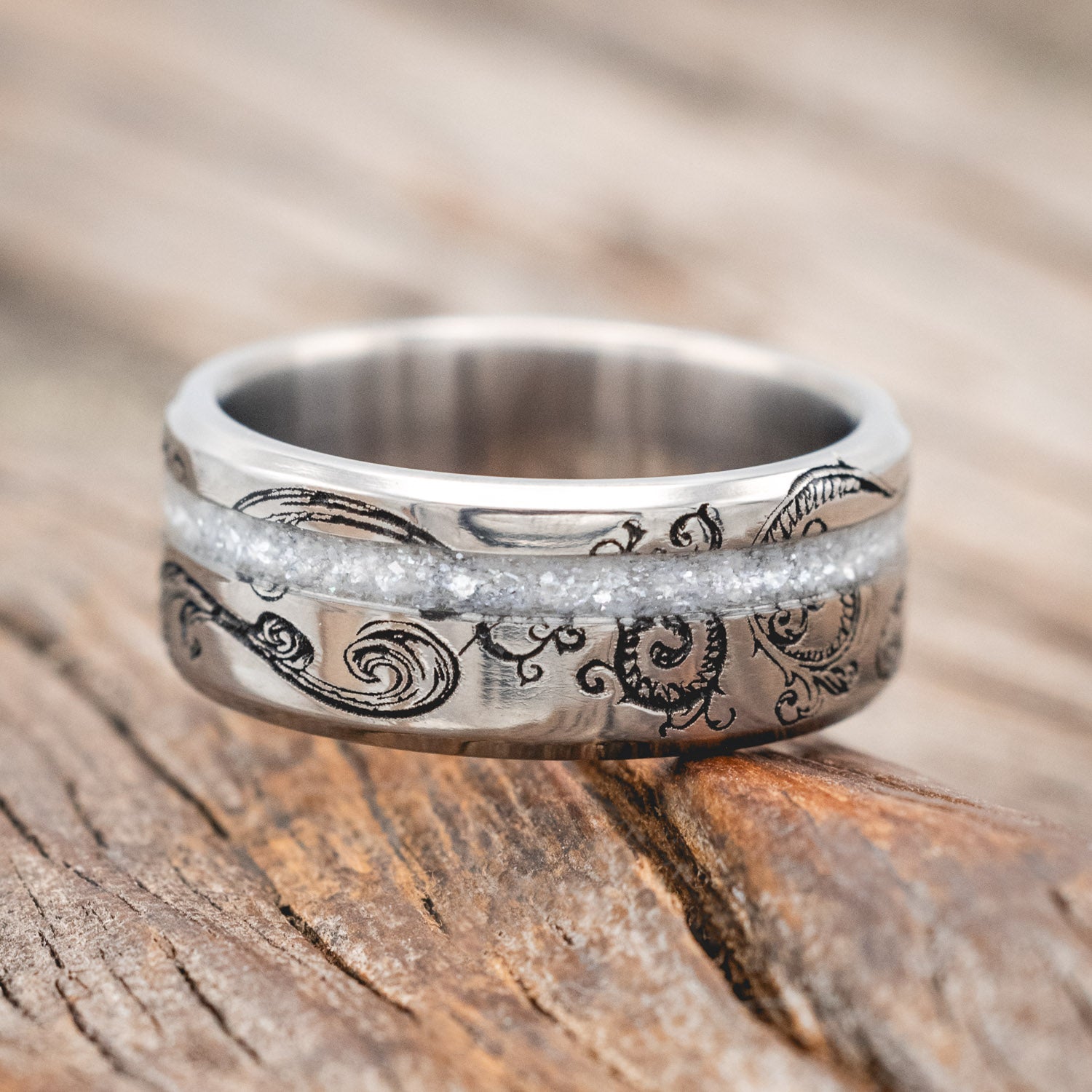"VERTIGO" - FLORAL ENGRAVED DIAMOND DUST WEDDING RING-Staghead Designs
