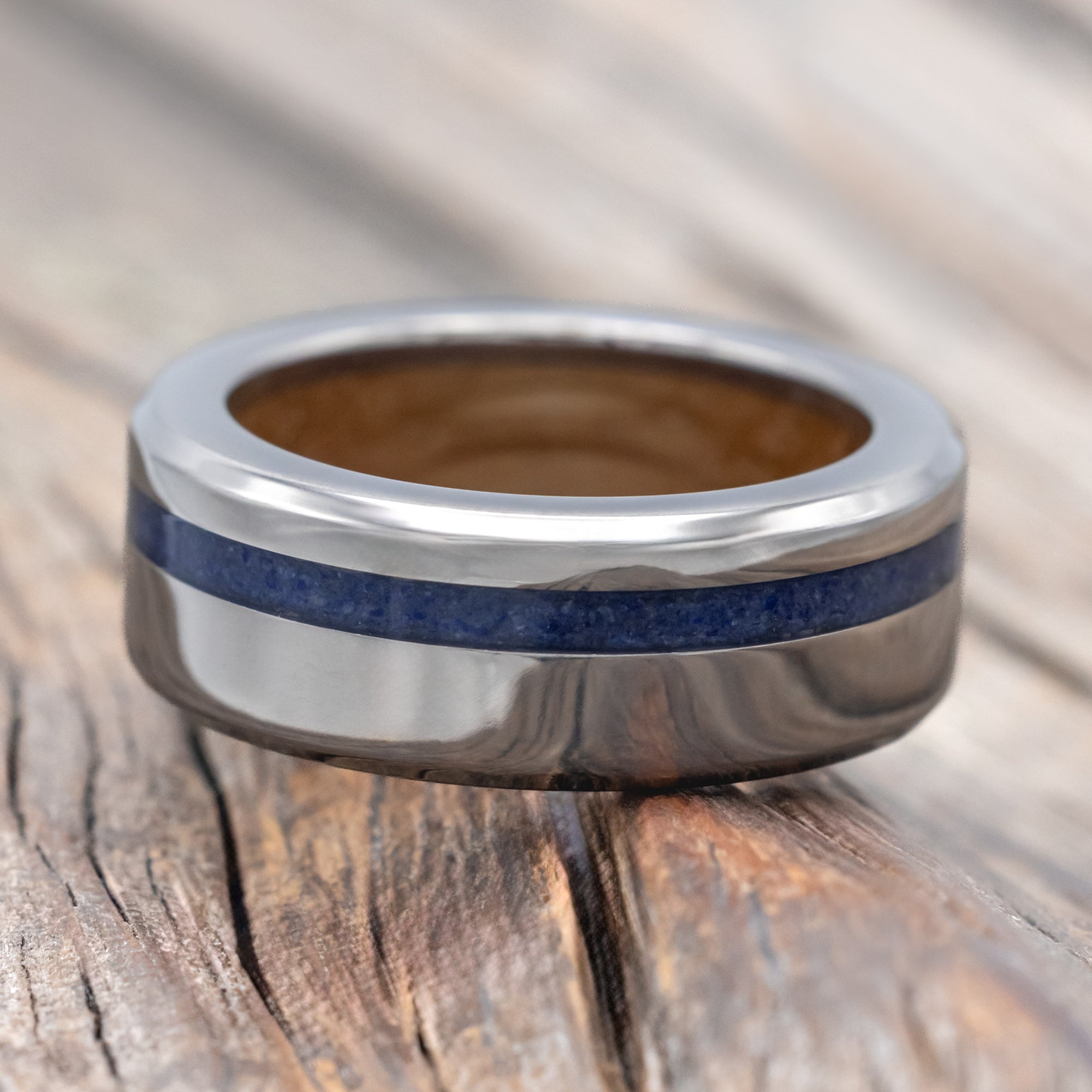 "VERTIGO" - LAPIS LAZULI WEDDING RING FEATURING A WHISKEY BARREL LINED BAND-Staghead Designs