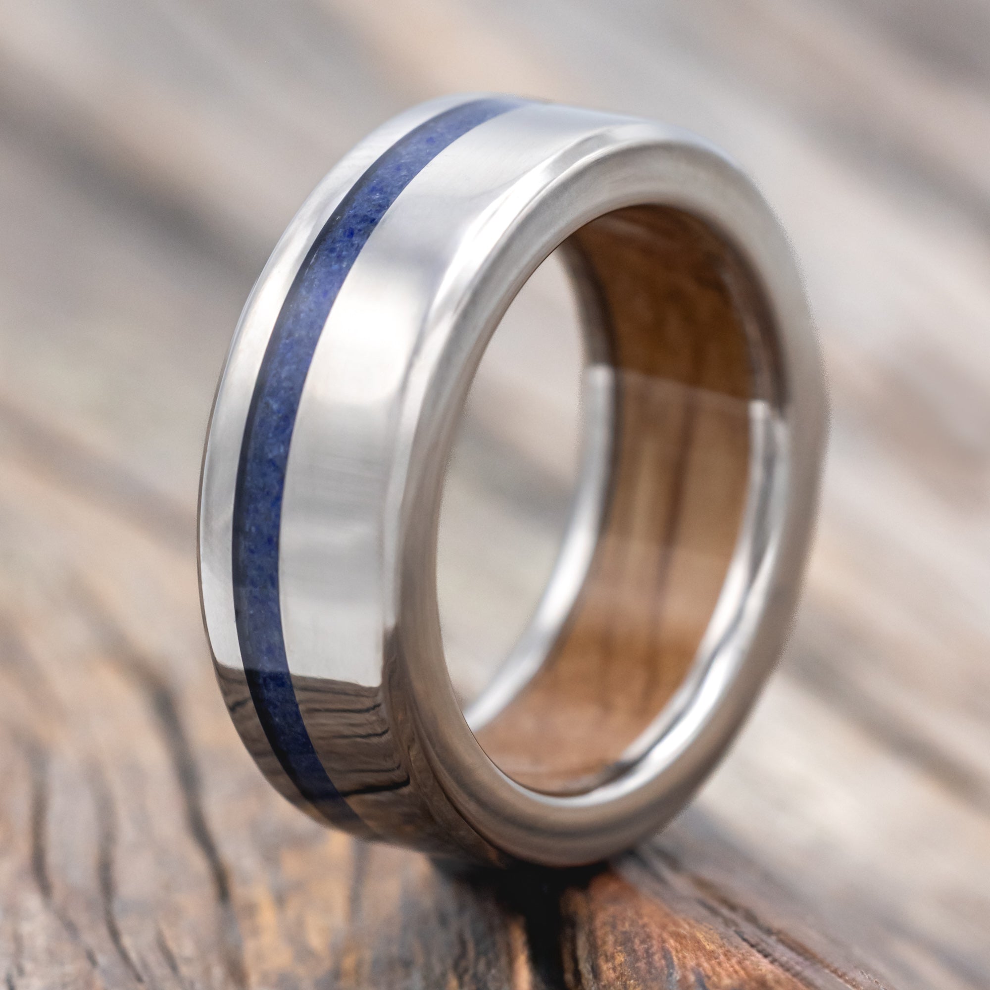 "VERTIGO" - LAPIS LAZULI WEDDING RING FEATURING A WHISKEY BARREL LINED BAND-Staghead Designs