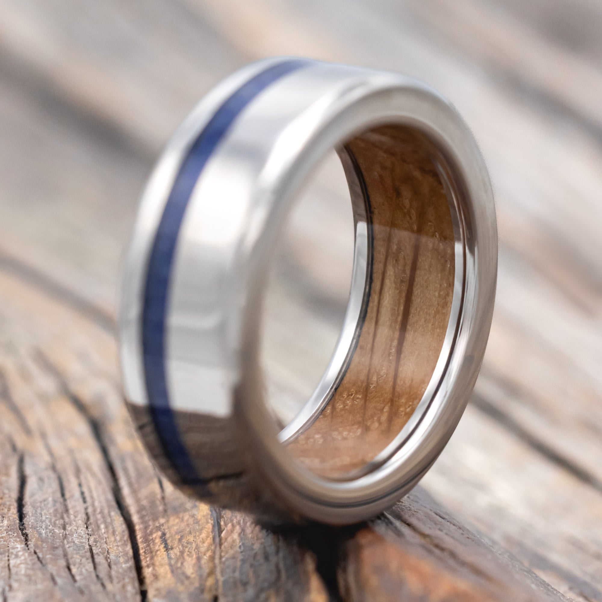 "VERTIGO" - LAPIS LAZULI WEDDING RING FEATURING A WHISKEY BARREL LINED BAND-Staghead Designs