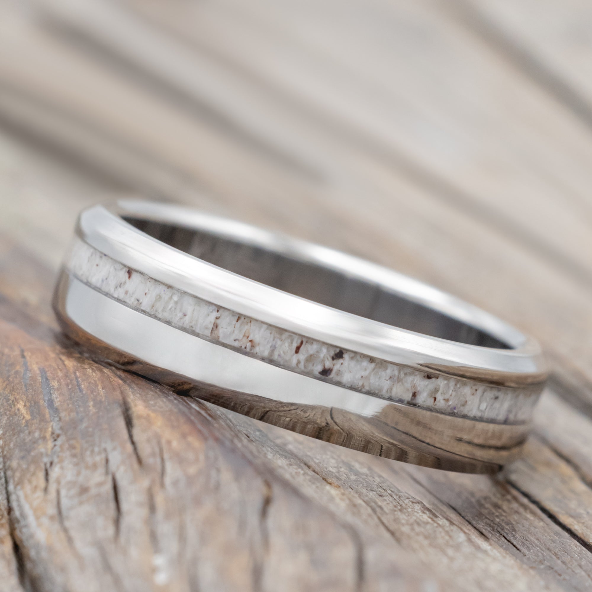 "Vertigo" - Offset Elk Antler Wedding Ring With Custom Finish-Staghead Designs