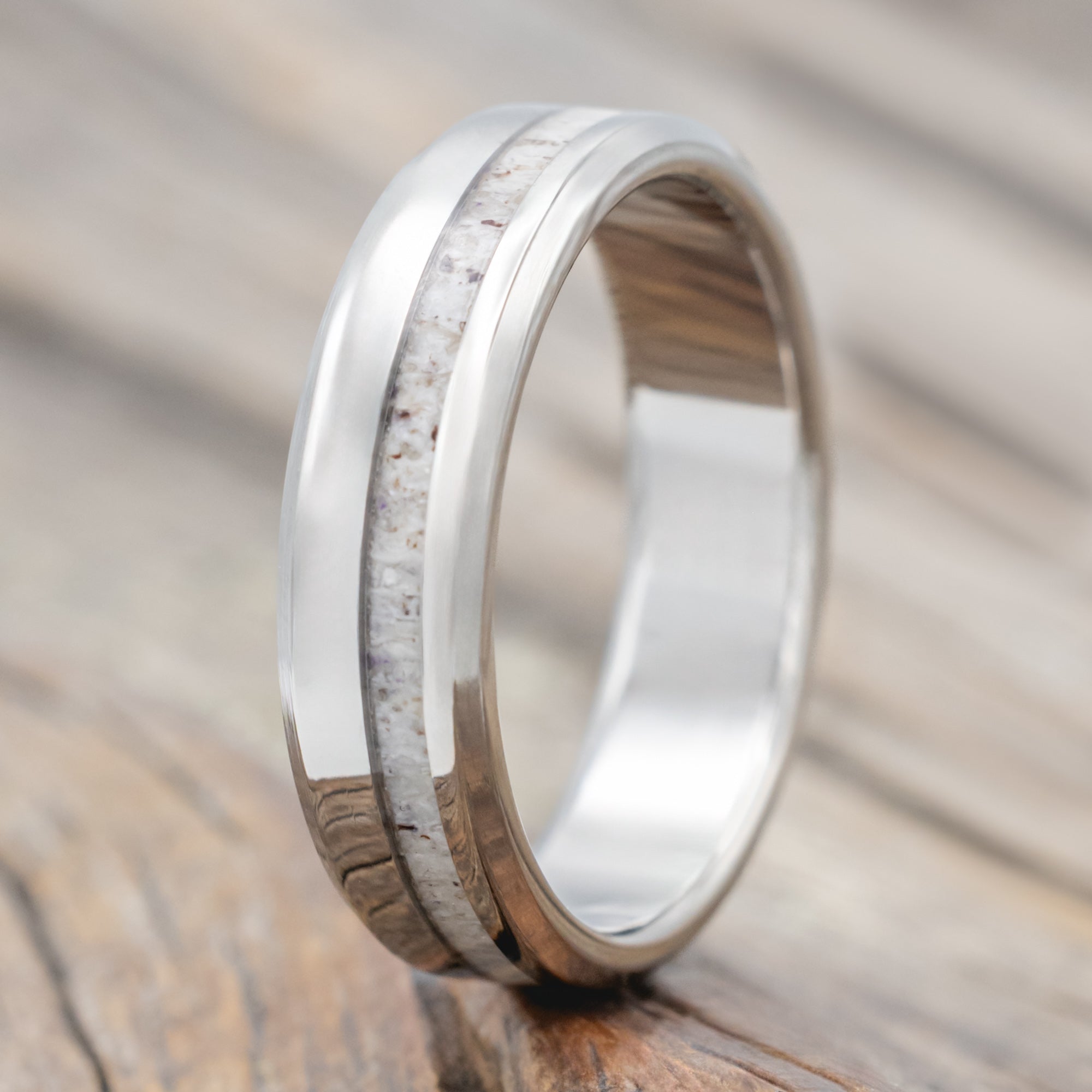 "Vertigo" - Offset Elk Antler Wedding Ring With Custom Finish-Staghead Designs