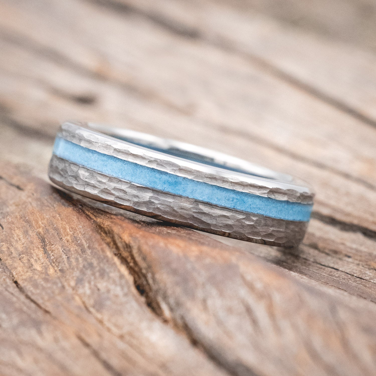"VERTIGO" - TURQUOISE INLAY & LINED WEDDING RING WITH A HAMMERED FINISH-Staghead Designs