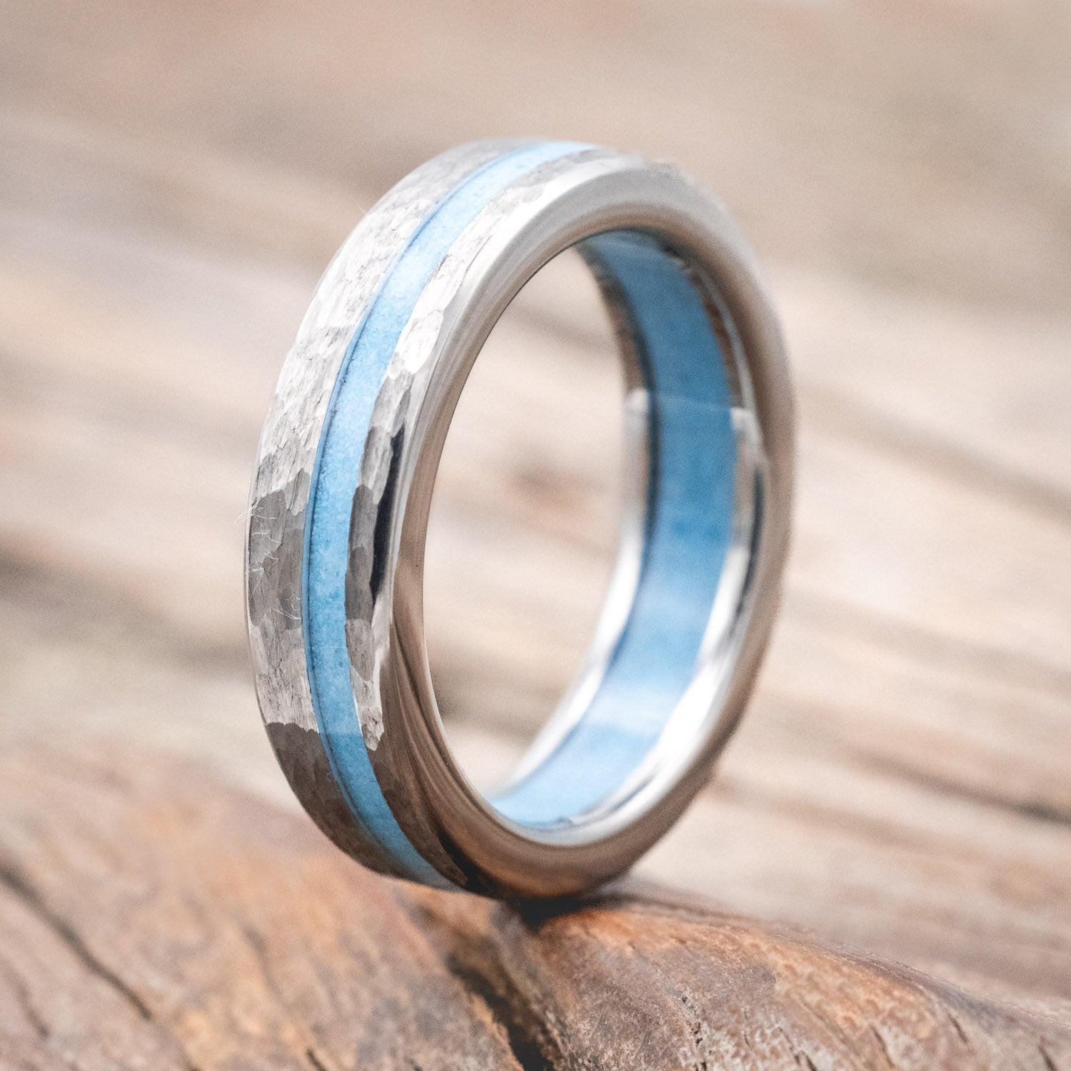 "VERTIGO" - TURQUOISE INLAY & LINED WEDDING RING WITH A HAMMERED FINISH-Staghead Designs