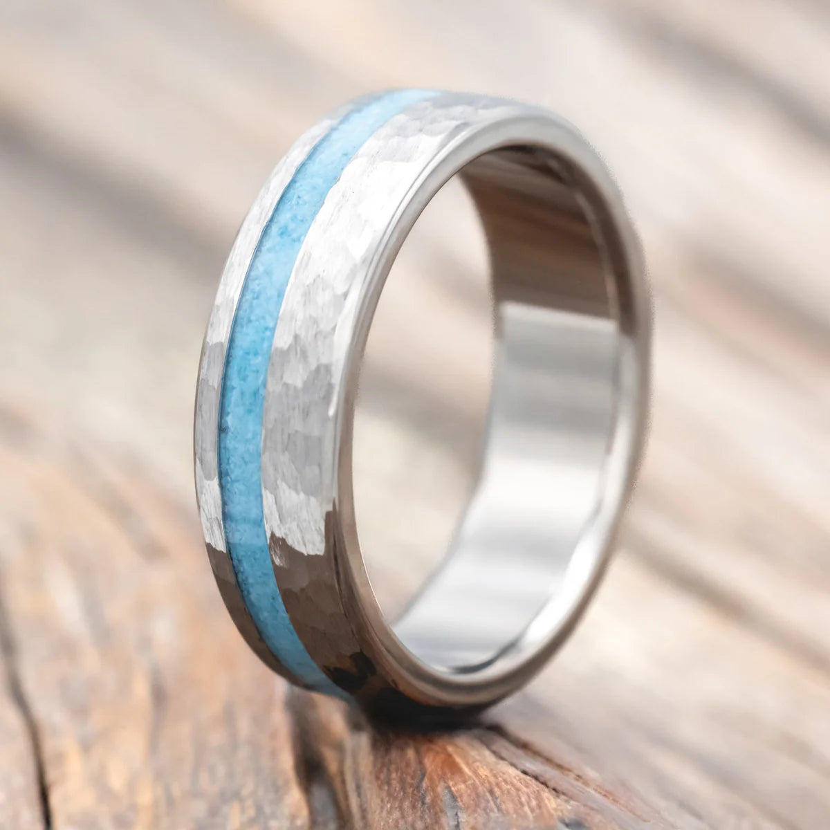 "Vertigo" - Turquoise Inlay Wedding Band Featuring a Hammered Finish - Titanium (6mm) - Size 7 1/2