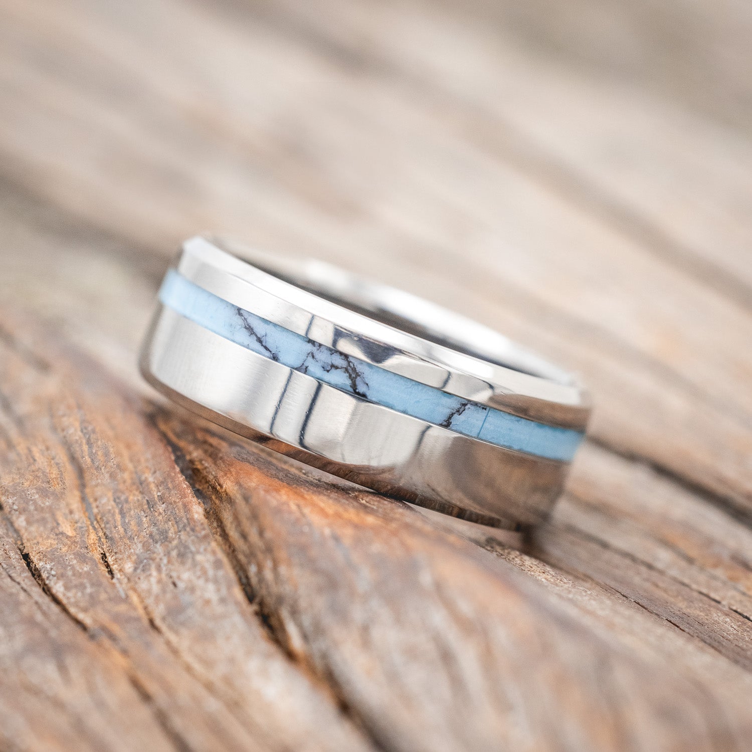 "Vertigo" - men's wedding band featuring turquoise & black matrix TruStone inlay.
