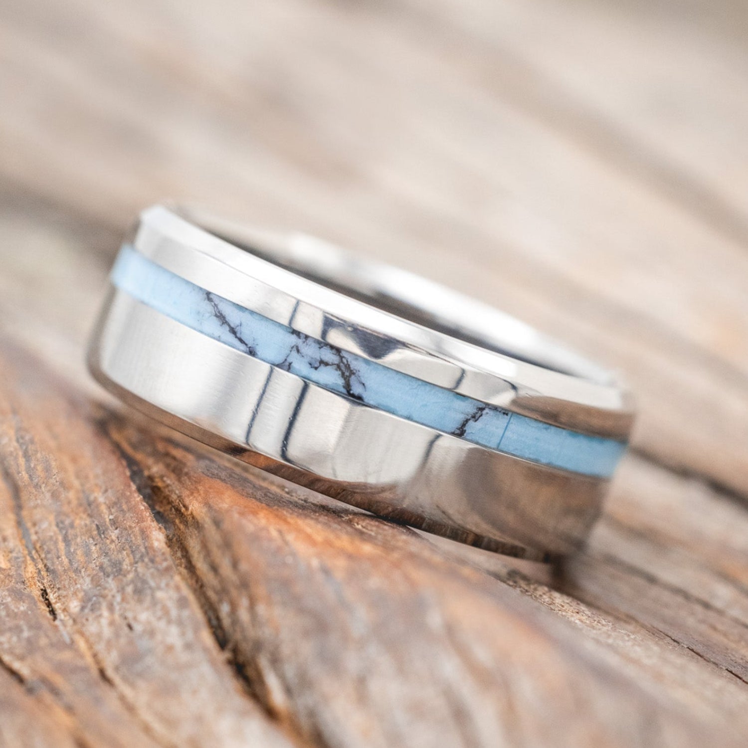 "Vertigo" - men's wedding band featuring turquoise & black matrix TruStone inlay.