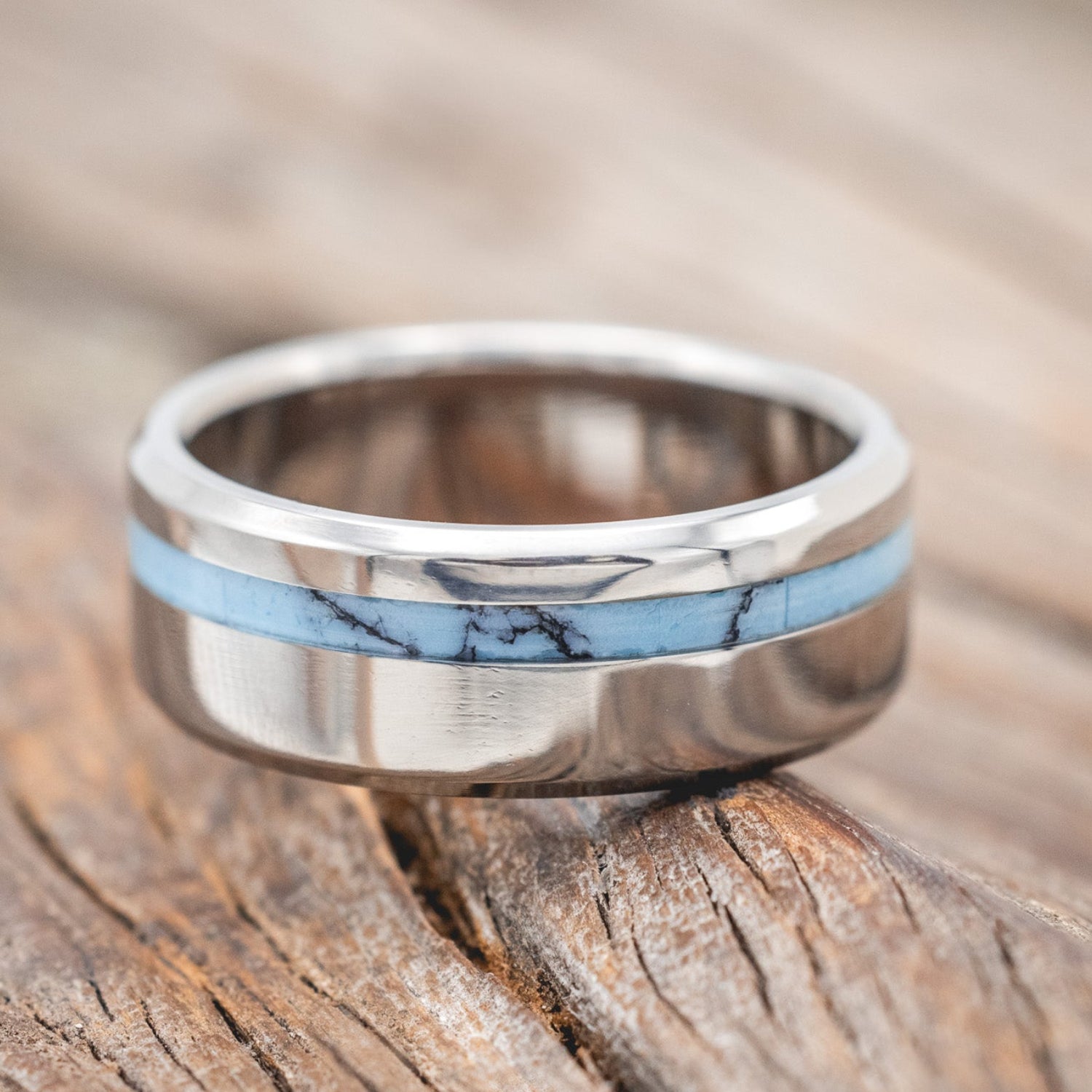 "Vertigo" - men's wedding band featuring turquoise & black matrix TruStone inlay.