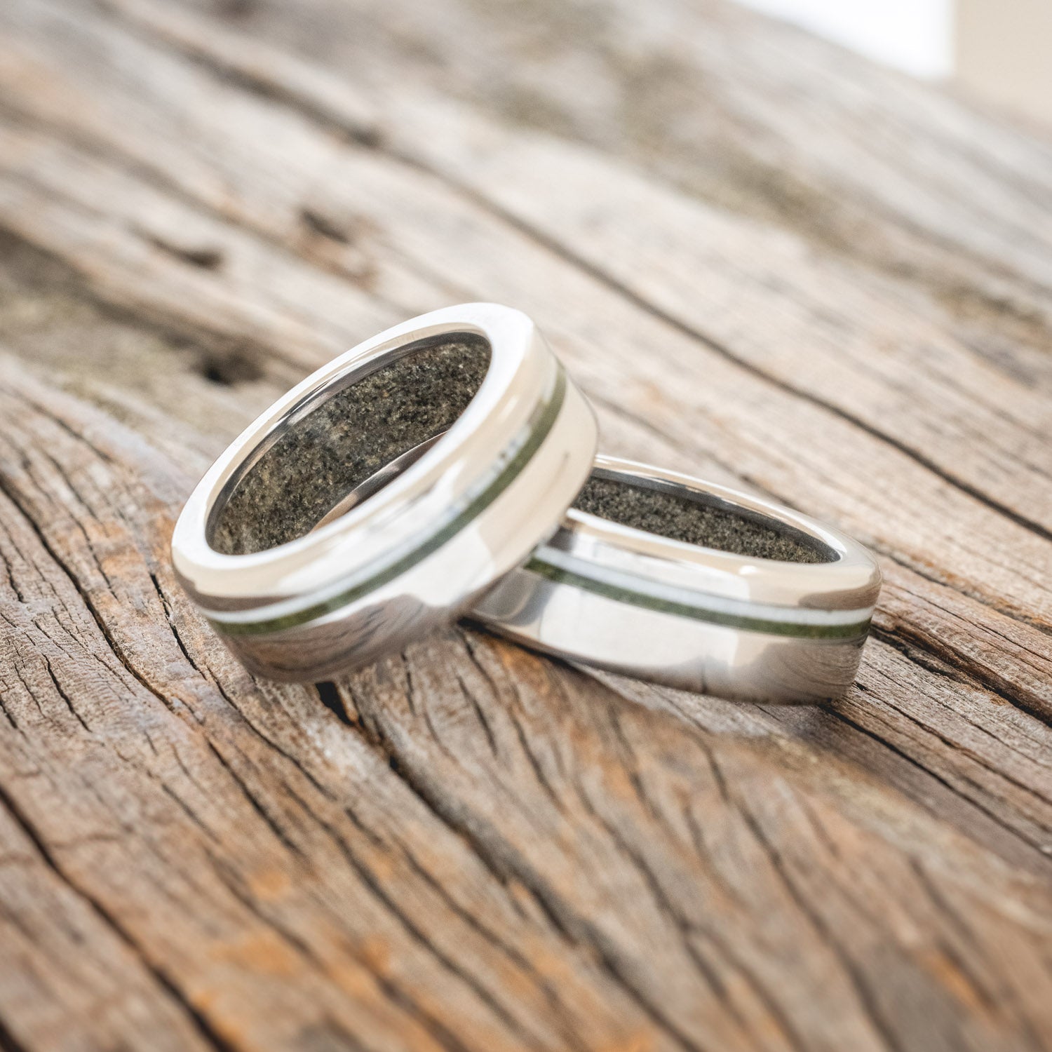 "VERTIGO" - MOSS & ANTLER INLAYS WITH SAND LINING WEDDING MATCHING SET-2