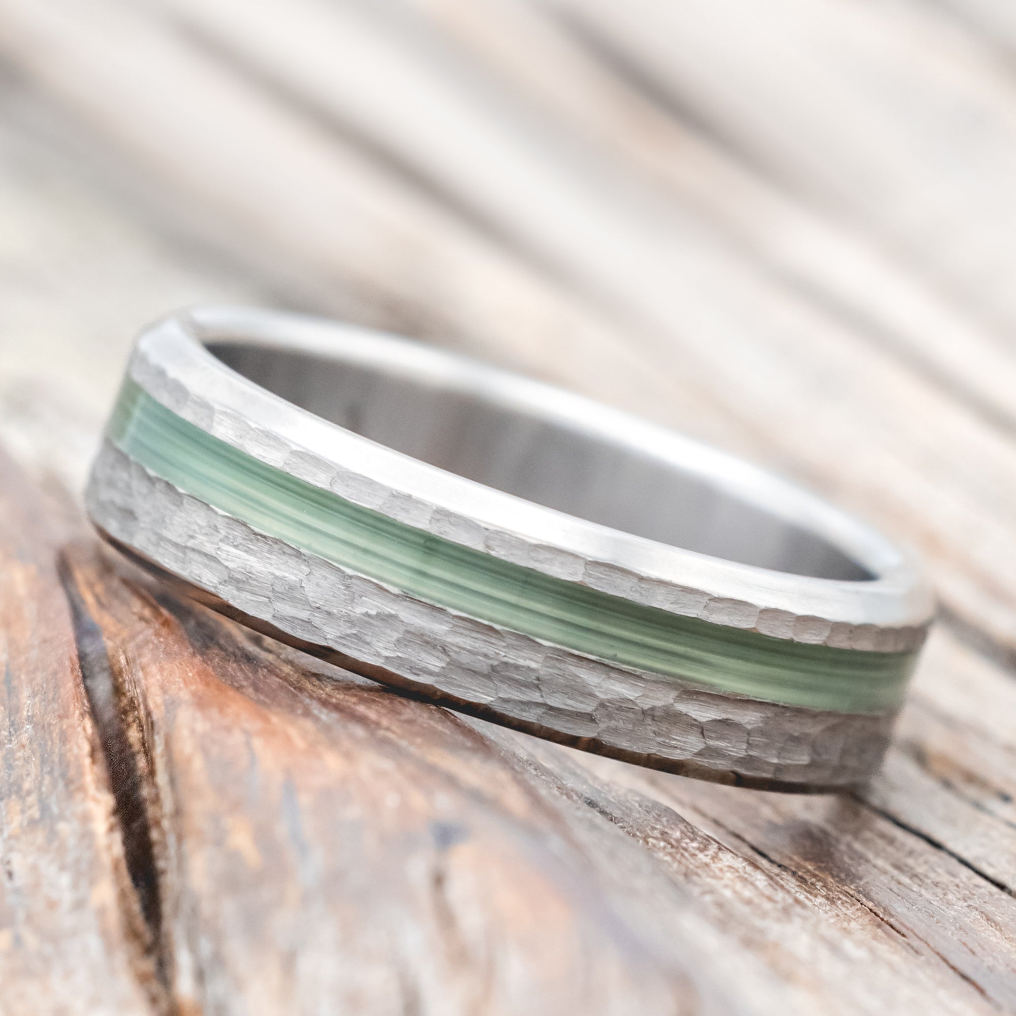 "VERTIGO" - HAMMERED WEDDING BAND WITH FISHING LINE INLAYS-Staghead Designs