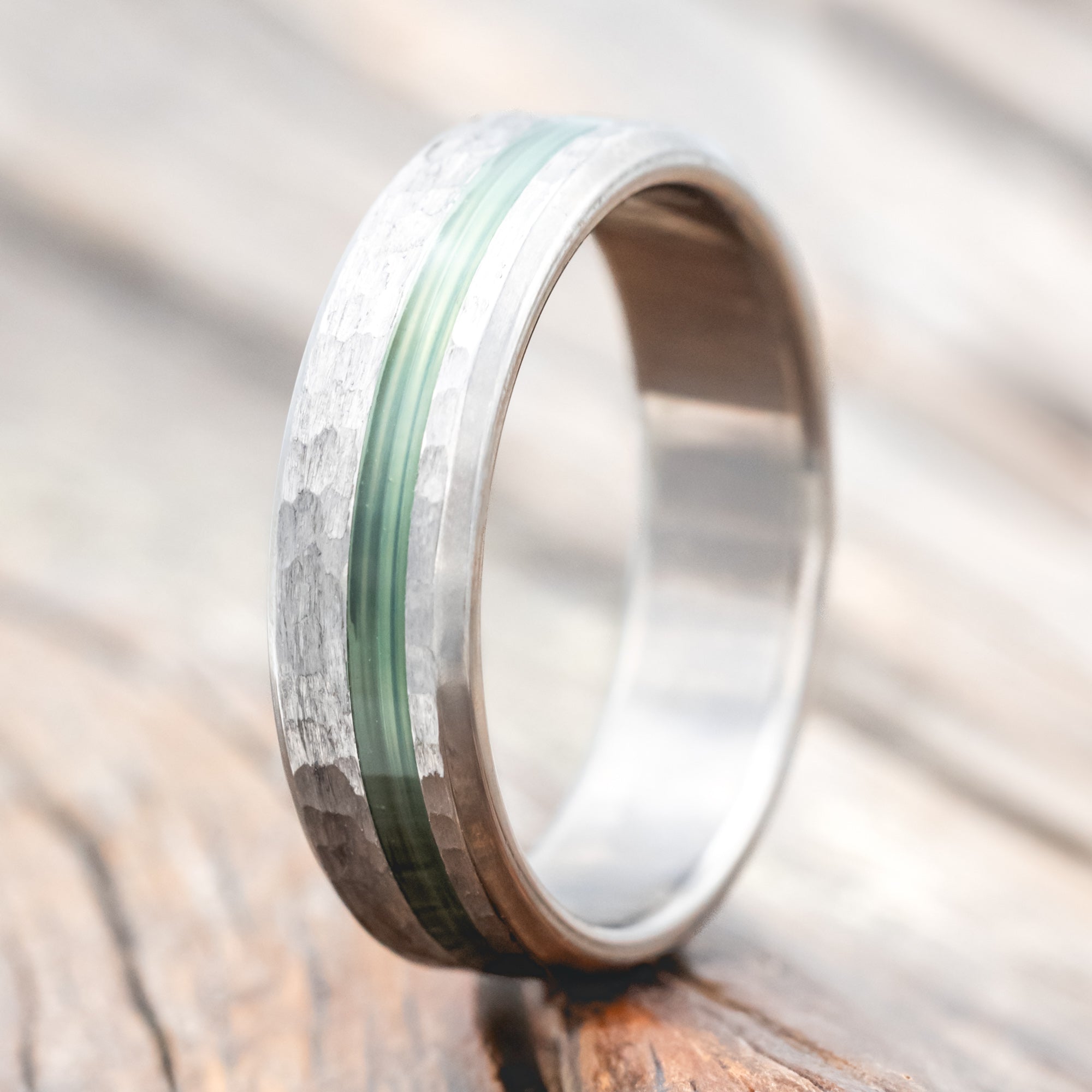 "VERTIGO" - HAMMERED WEDDING BAND WITH FISHING LINE INLAYS-Staghead Designs