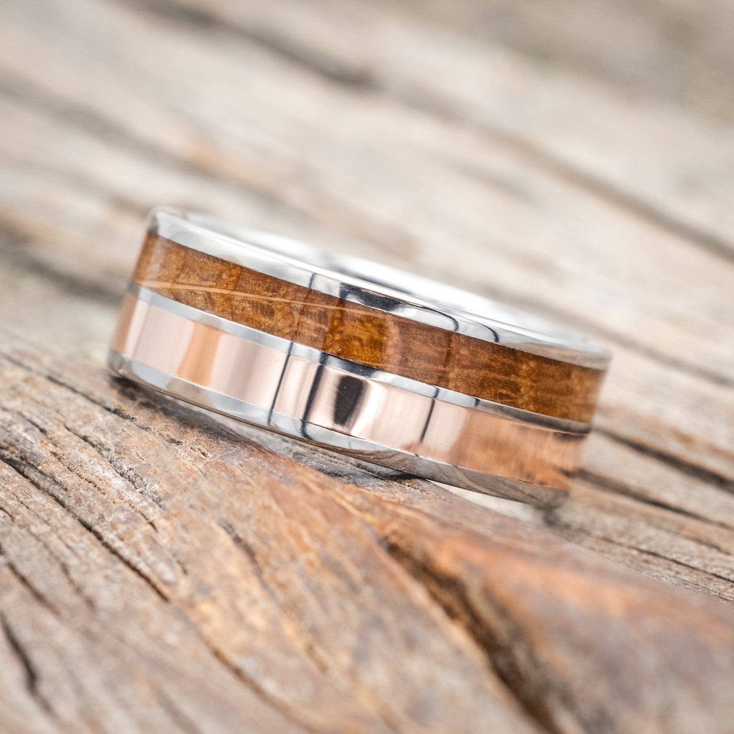 "DYAD" - WHISKEY BARREL OAK & 14K ROSE GOLD INLAY WEDDING BAND-Staghead Designs