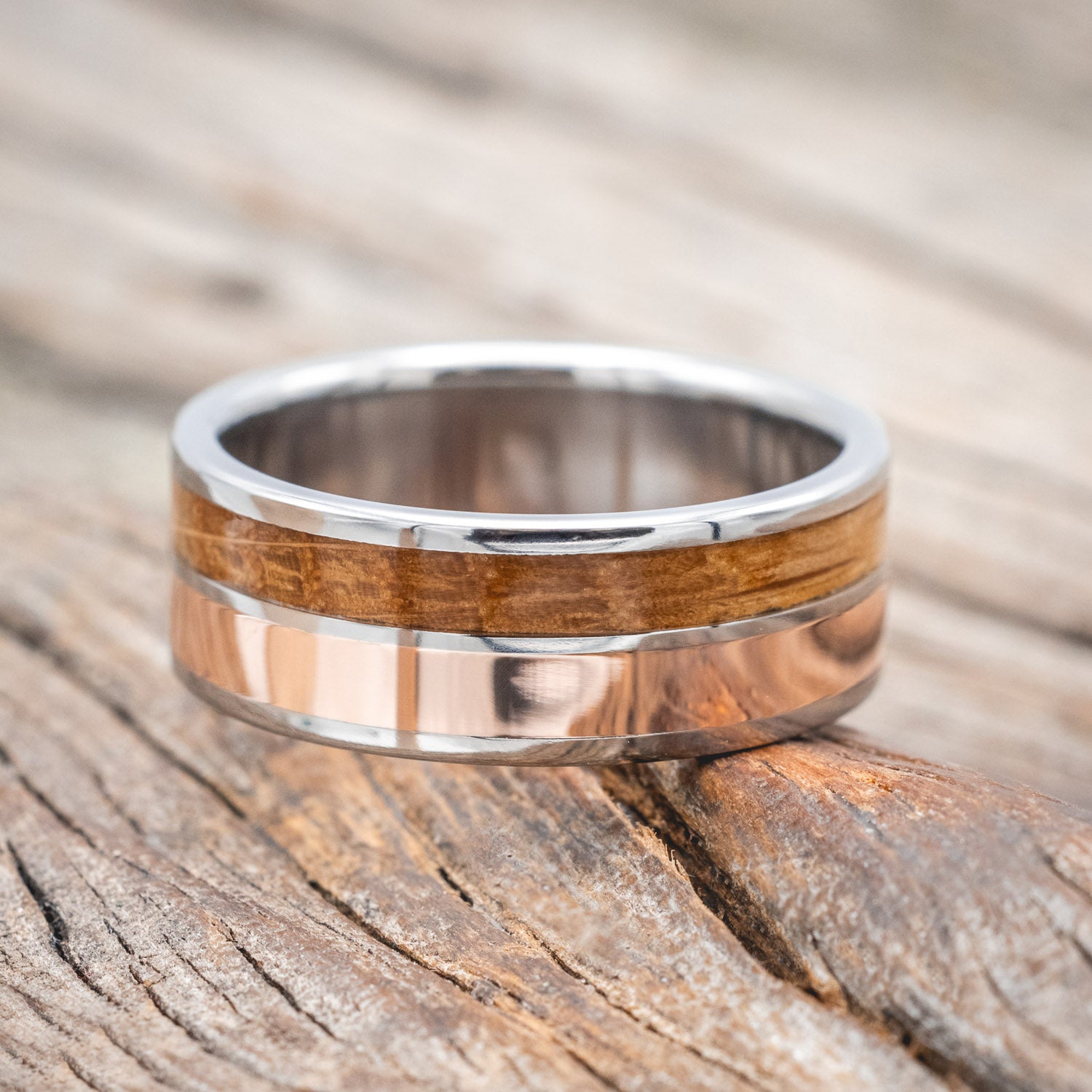 "DYAD" - WHISKEY BARREL OAK & 14K ROSE GOLD INLAY WEDDING BAND-Staghead Designs