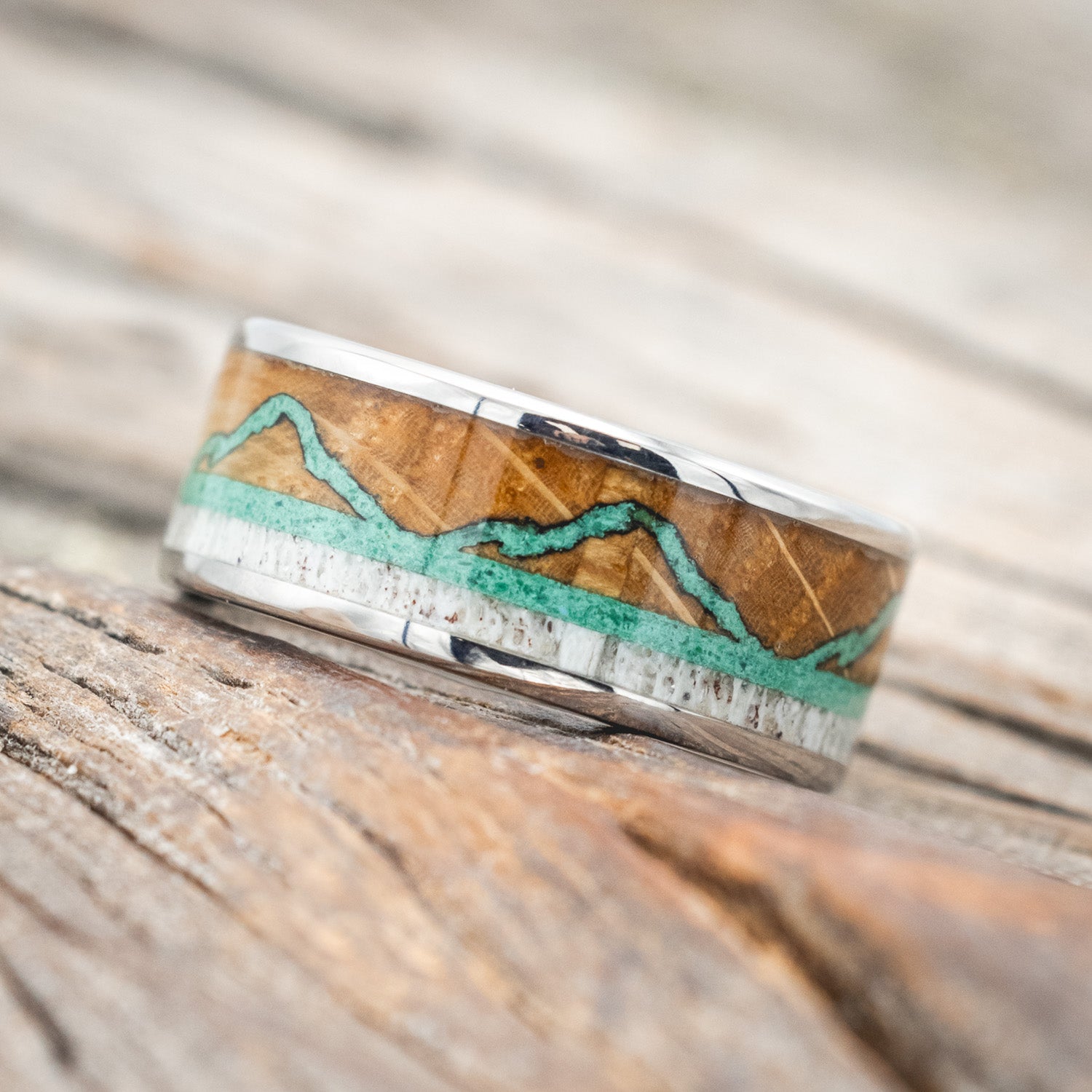 "THE EXPEDITION" - MOUNTAIN ENGRAVED WEDDING RING WITH WHISKEY BARREL OAK, MALACHITE & ANTLER-Staghead Designs