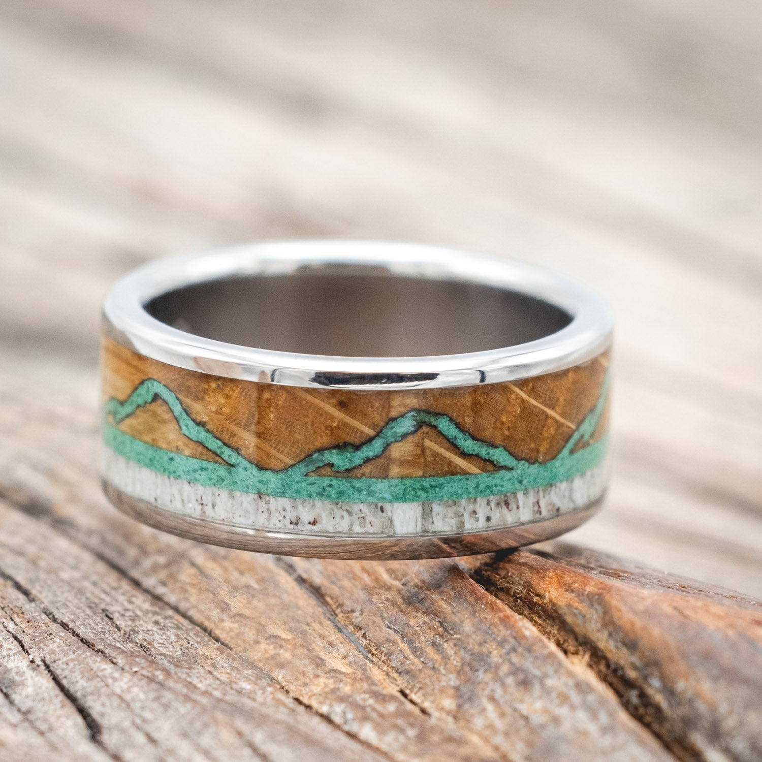 "THE EXPEDITION" - MOUNTAIN ENGRAVED WEDDING RING WITH WHISKEY BARREL OAK, MALACHITE & ANTLER-Staghead Designs