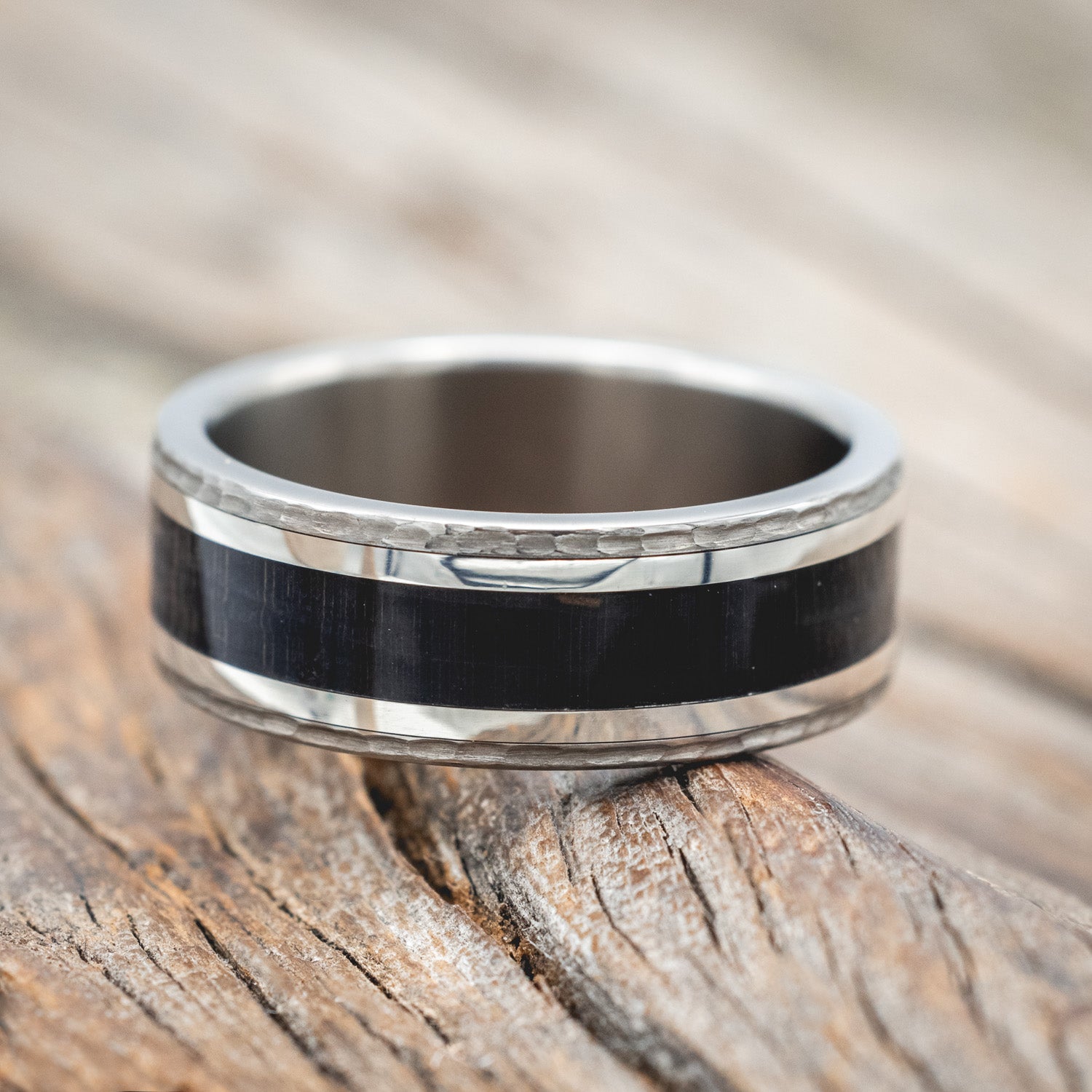 "HOLLIS" - DARK MAPLE WOOD & SILVER INLAYS WEDDING RING FEATURING A HAMMERED FINISH-Staghead Designs