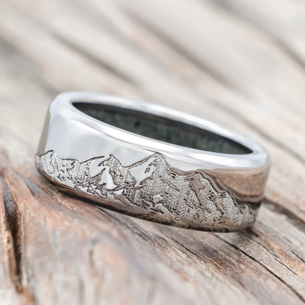 "Horizon" - Mountain Engraved Wedding Band with Moss Agate Lining - Titanium (8mm) - Size 8 1/4-Staghead Designs