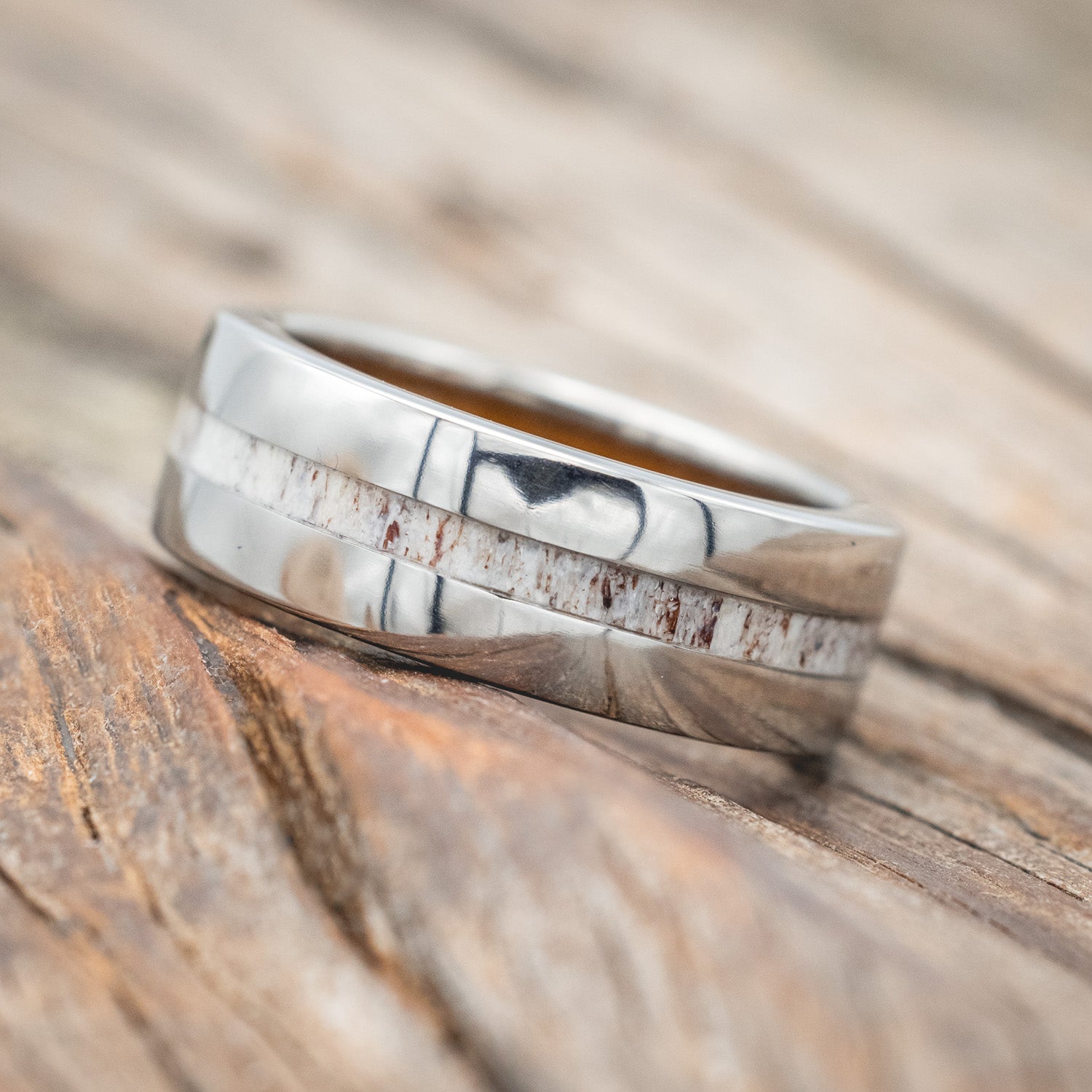 "NIRVANA" - ANTLER WEDDING RING FEATURING A WHISKEY BARREL LINED BAND-Staghead Designs