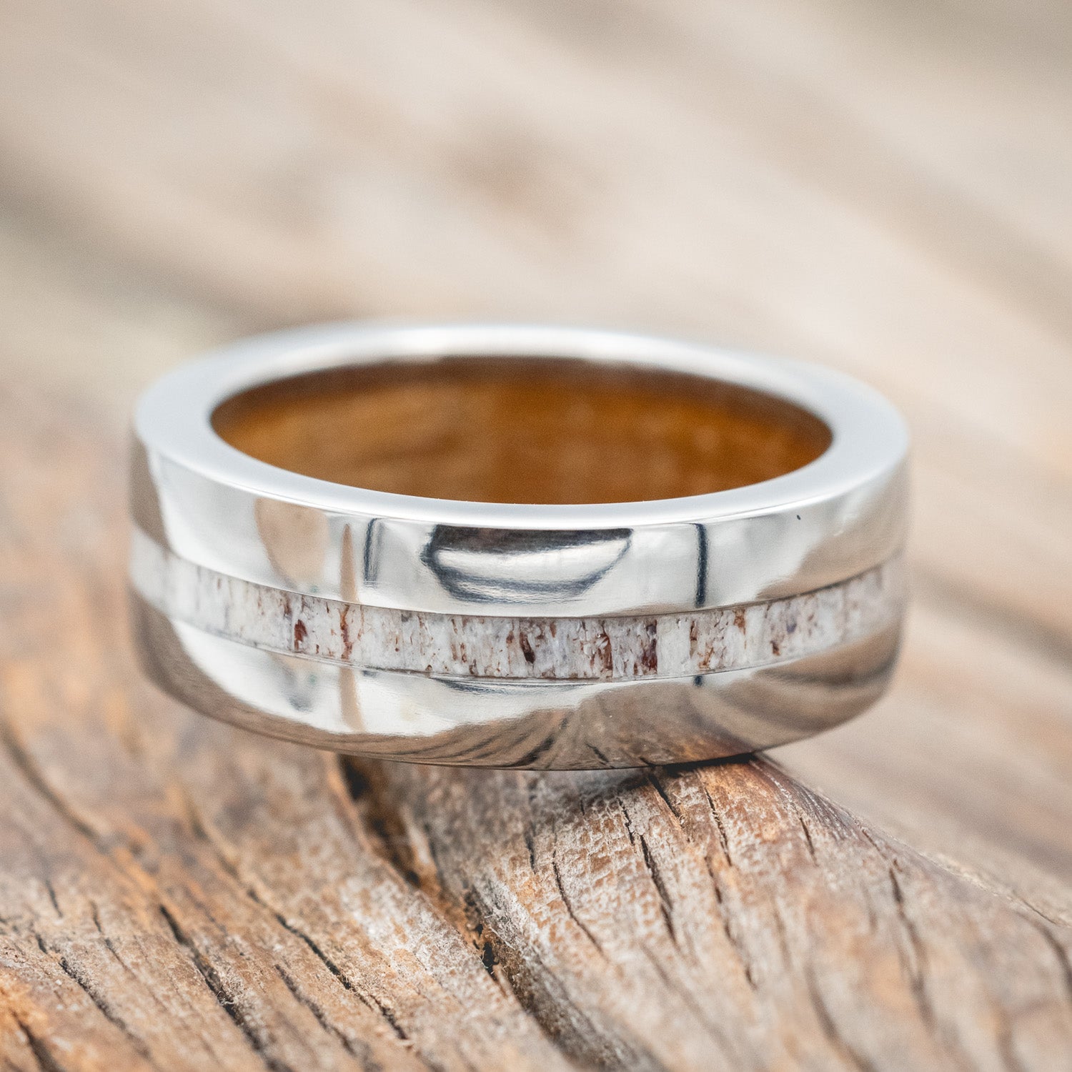 "NIRVANA" - ANTLER WEDDING RING FEATURING A WHISKEY BARREL LINED BAND-Staghead Designs
