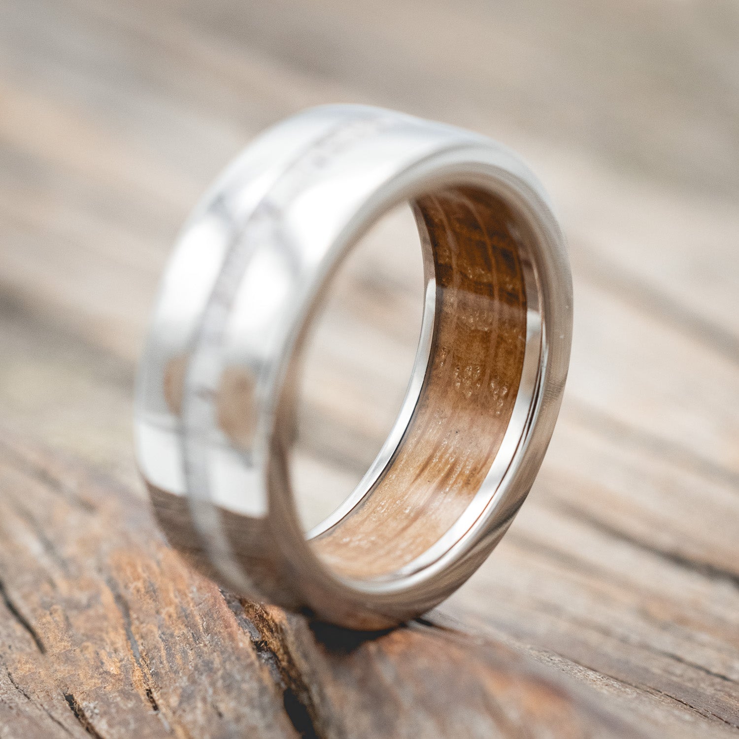 "NIRVANA" - ANTLER WEDDING RING FEATURING A WHISKEY BARREL LINED BAND-Staghead Designs