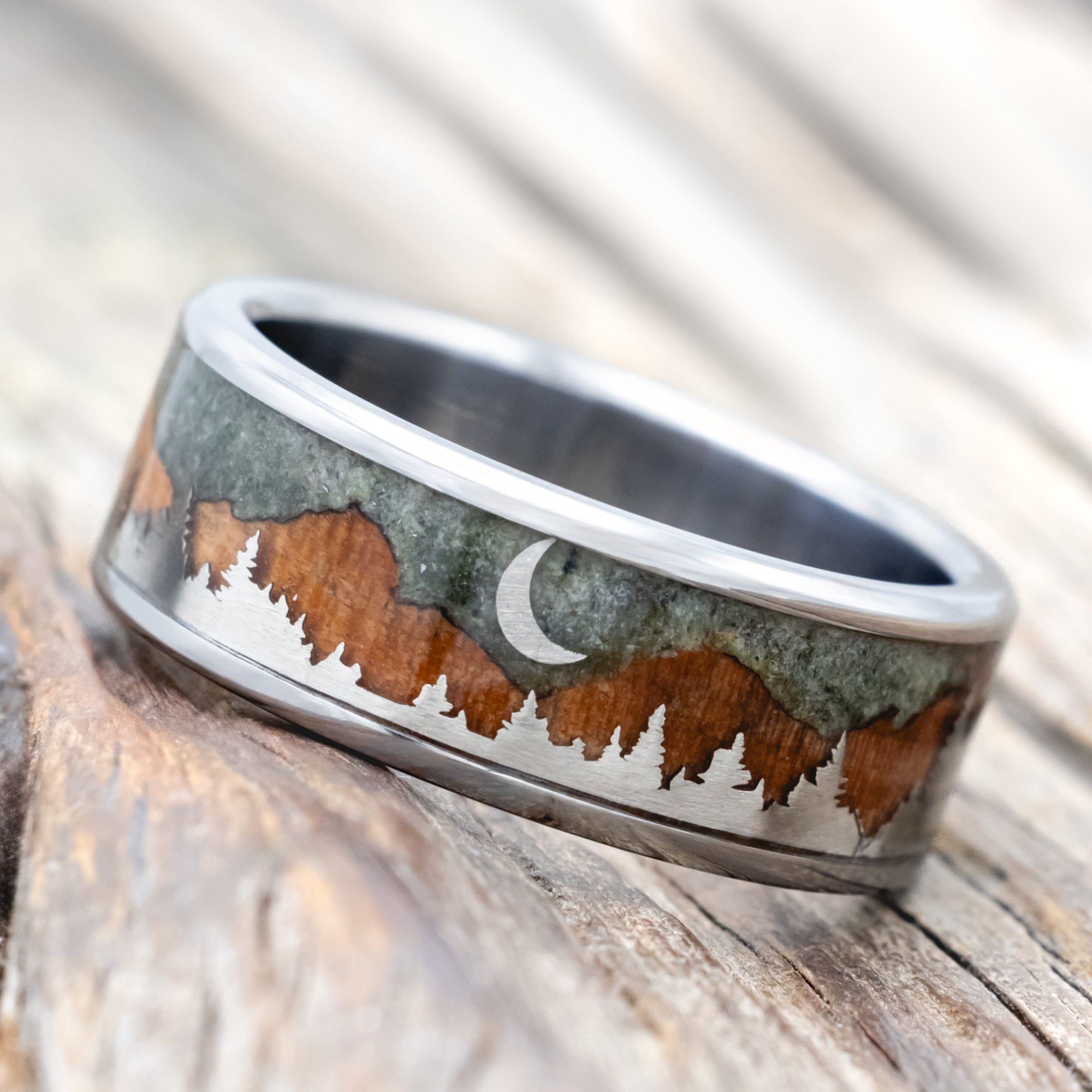 "ORION" - MOSS AGATE & REDWOOD MOUNTAIN RANGE WEDDING BAND WITH 14K GOLD TREE & CRESCENT MOON ACCENTS-Staghead Designs