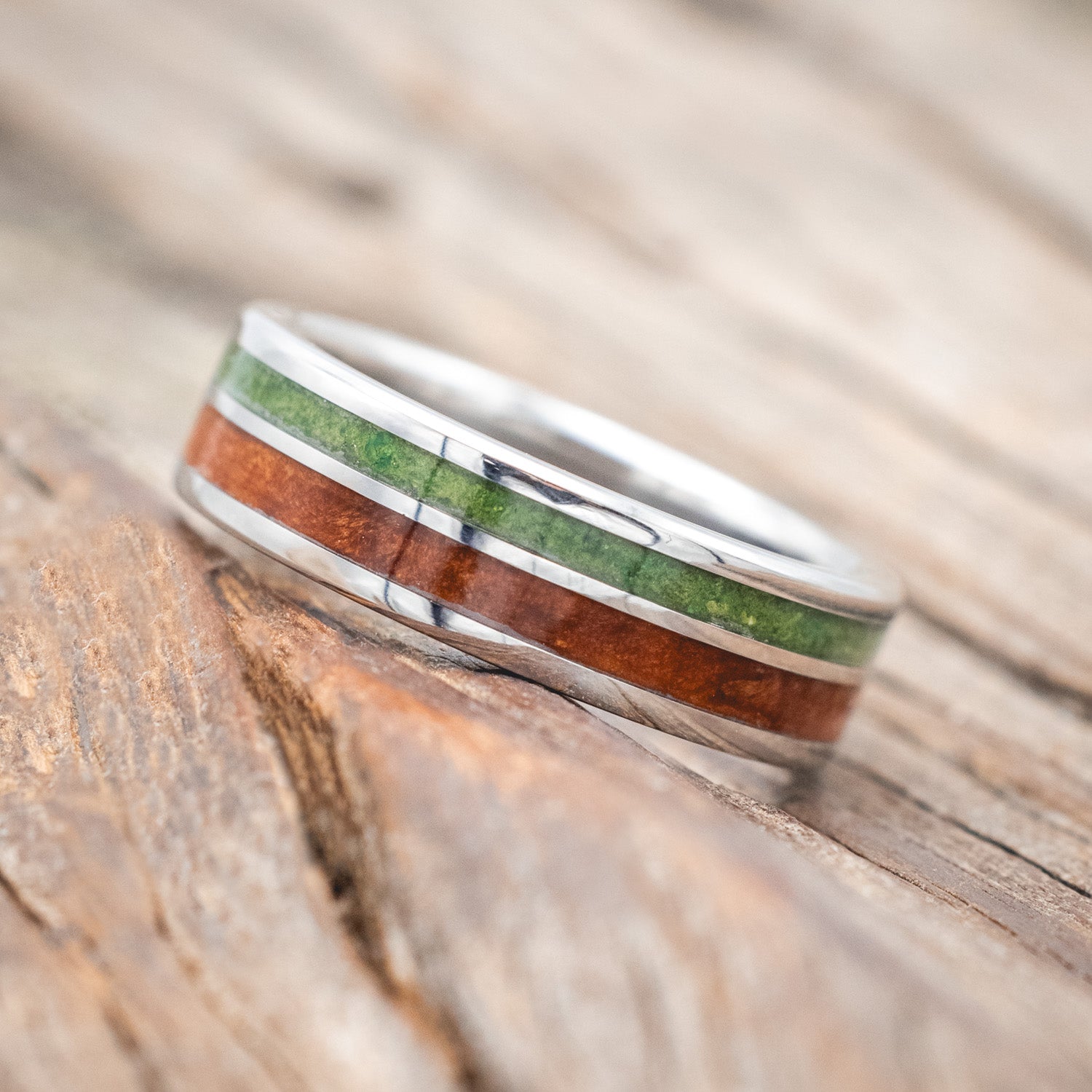 "RAPTOR" - MOSS & REDWOOD WEDDING BAND-Staghead Designs
