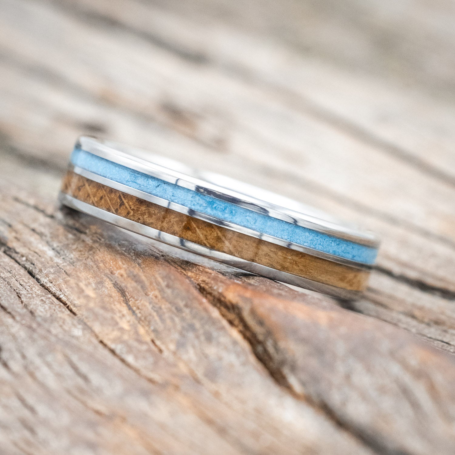 "RAPTOR" - WHISKEY BARREL OAK & TURQUOISE WEDDING BAND-Staghead Designs