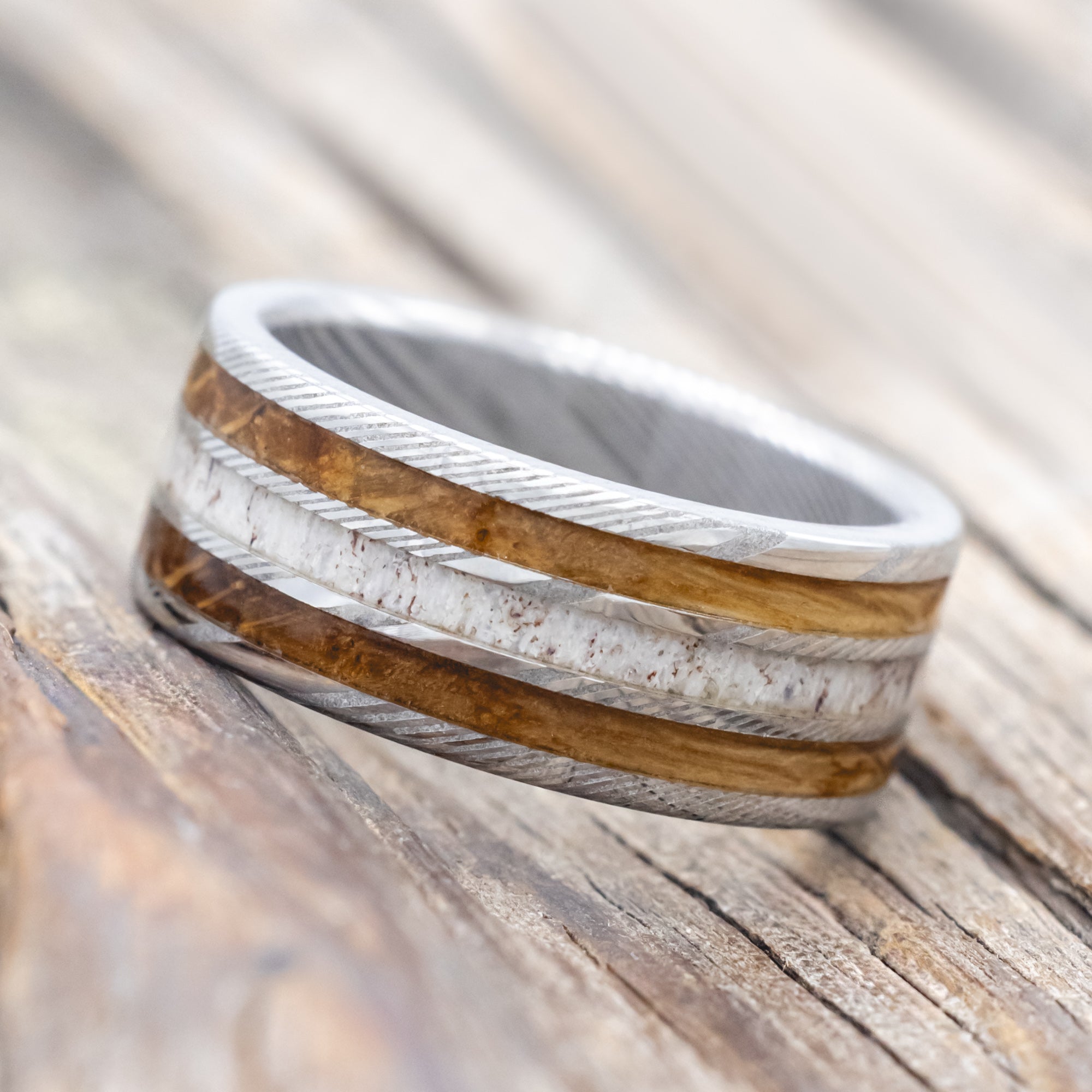 "Rio" - Whiskey Barrel Oak & Antler Wedding Ring - Damascus Steel (8mm) - Size 6 3/4-Staghead Designs