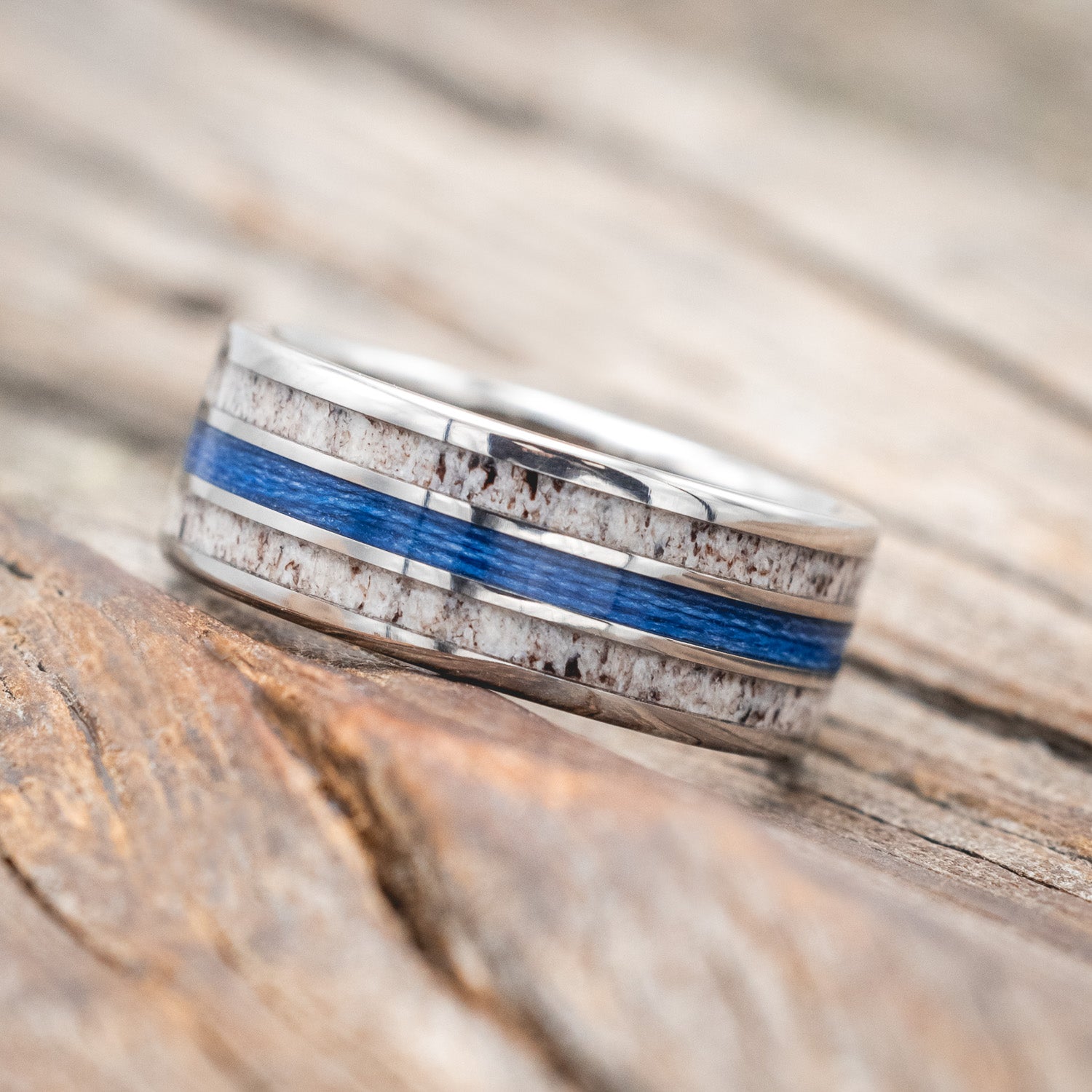 "RIO" - ANTLER & BLUE FISHING LINE WEDDING BAND-Staghead Designs