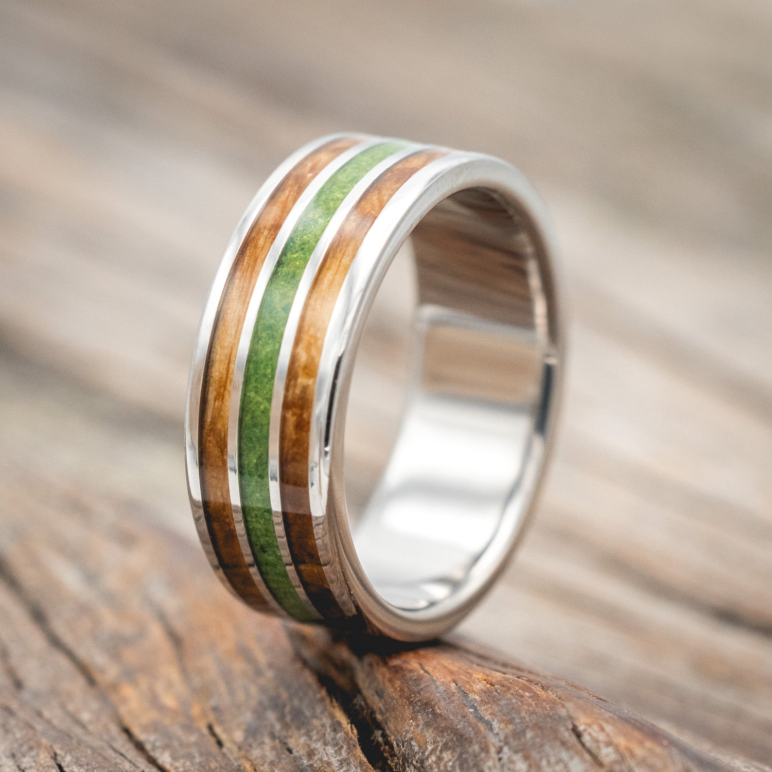 "RIO" - WHISKEY BARREL OAK & MOSS WEDDING BAND-Staghead Designs