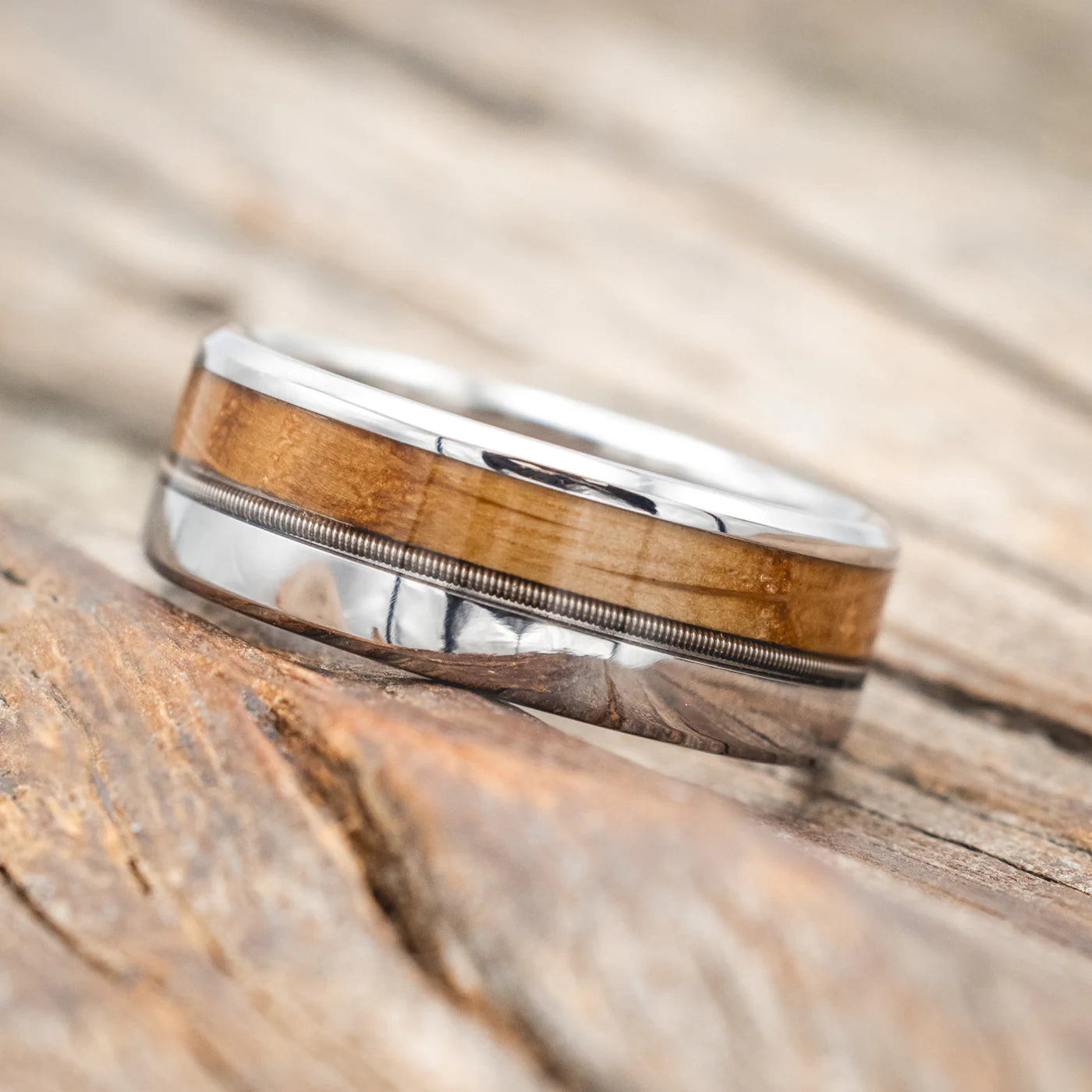 "Tanner" - Whiskey Barrel Oak & Guitar String Inlay Wedding Band - Titanium (8mm) - Size 10 1/4