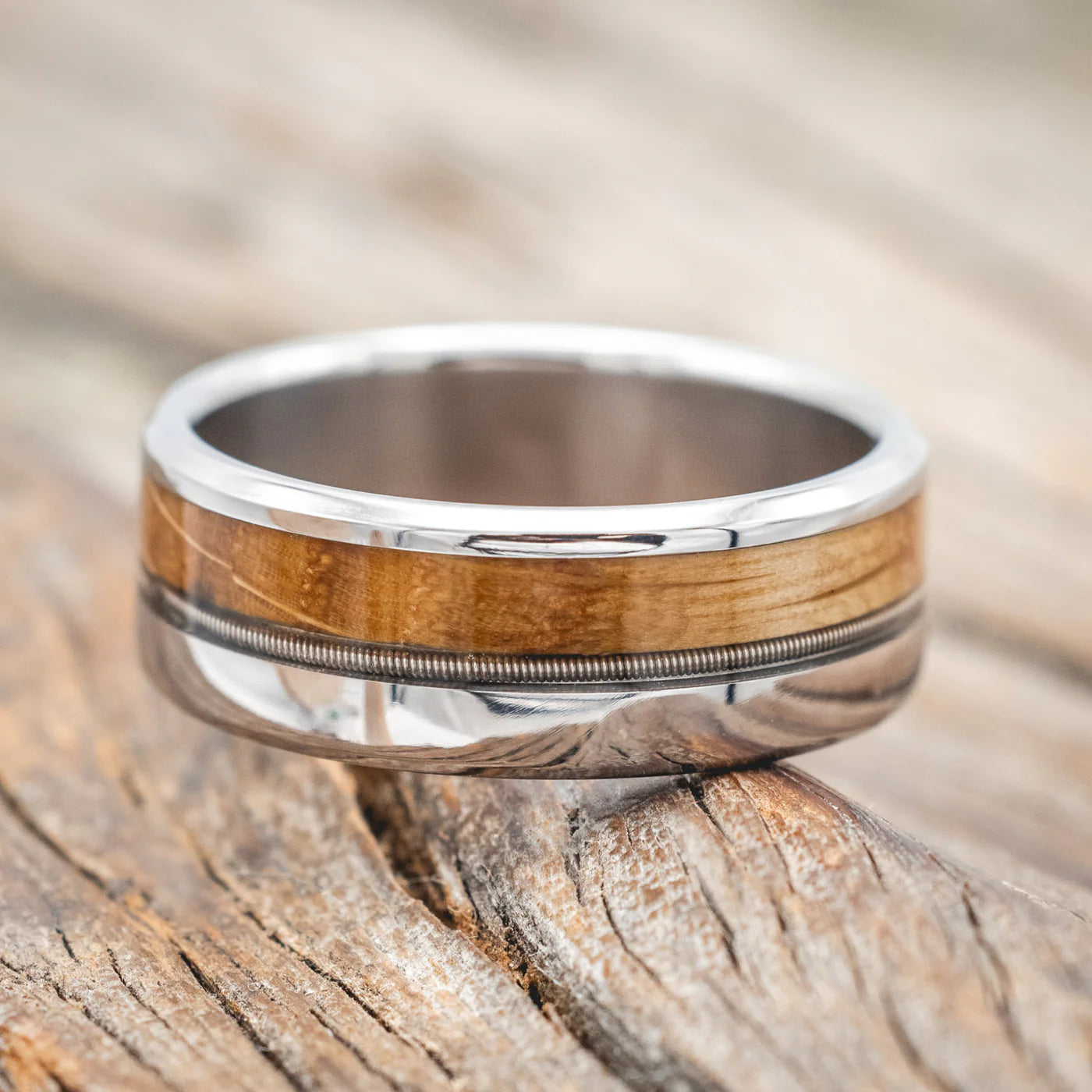 "Tanner" - Whiskey Barrel Oak & Guitar String Inlay Wedding Band - Titanium (8mm) - Size 10 1/4
