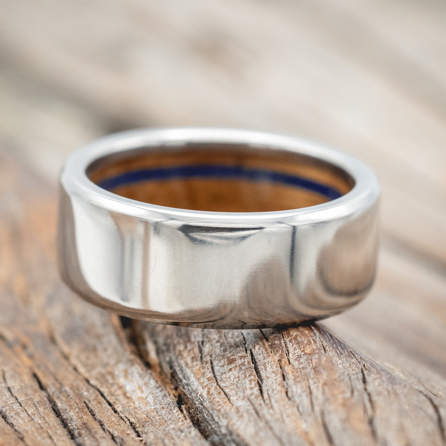 "ARGOS" - WHISKEY BARREL OAK & LAPIS LAZULI LINED WEDDING BAND-Staghead Designs