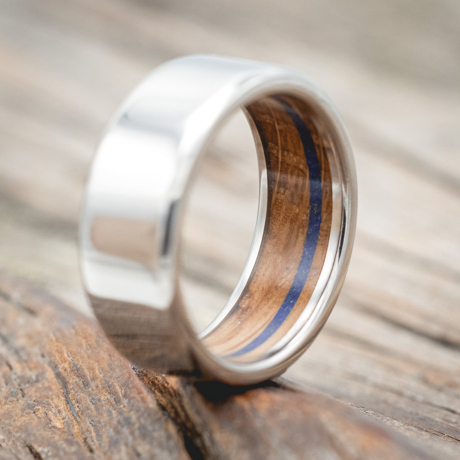 "ARGOS" - WHISKEY BARREL OAK & LAPIS LAZULI LINED WEDDING BAND-Staghead Designs