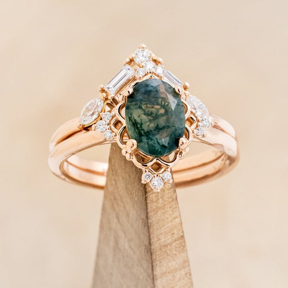 "TREVA" - OVAL MOSS AGATE ENGAGEMENT RING WITH DIAMOND ACCENTS & "MELODY" TRACER-1