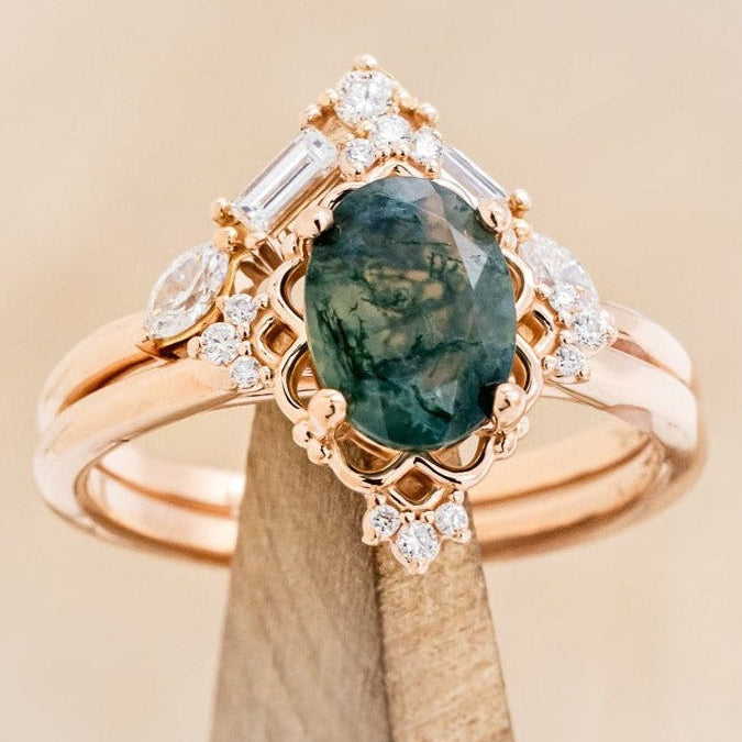 "TREVA" - OVAL MOSS AGATE ENGAGEMENT RING WITH DIAMOND ACCENTS & "MELODY" TRACER-1