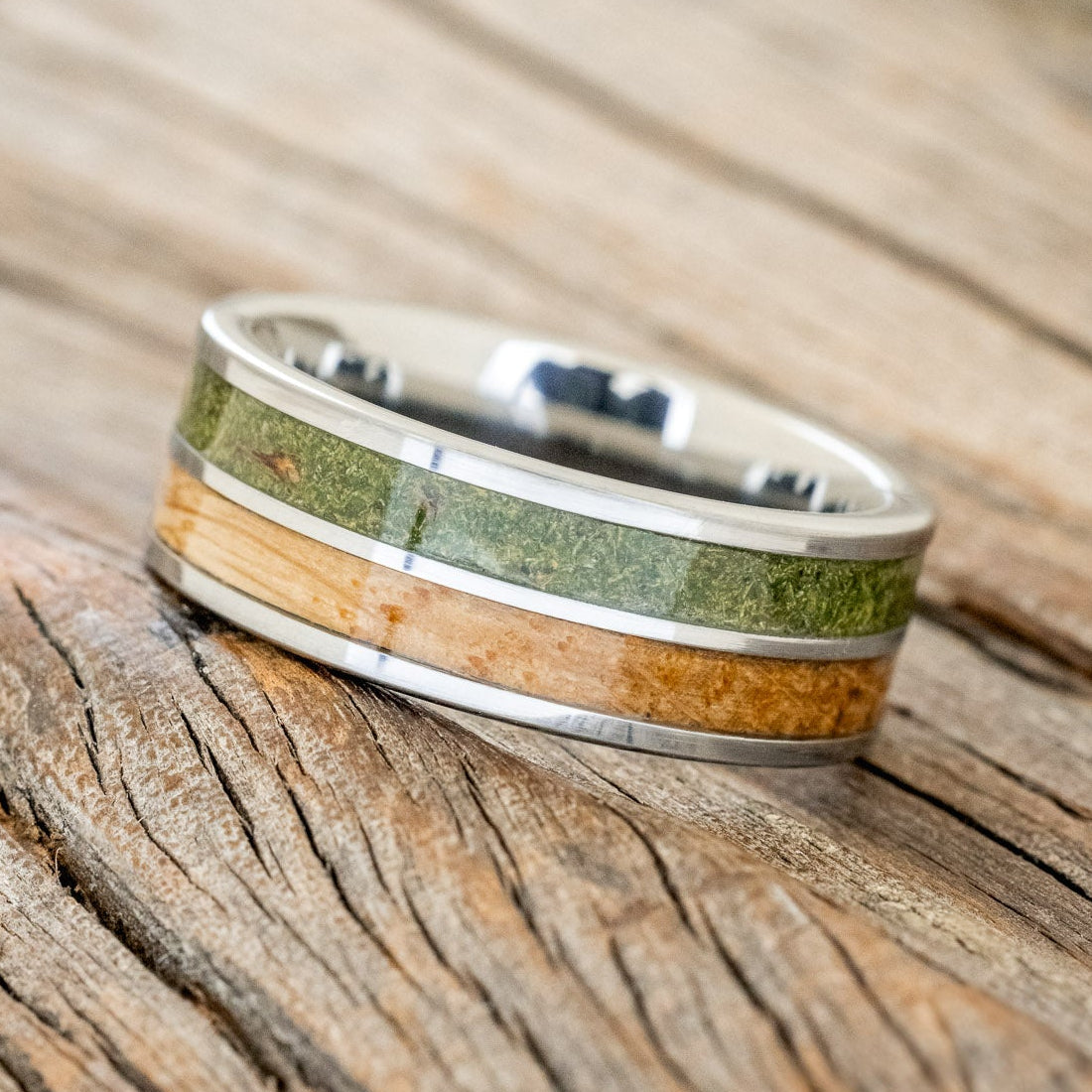 "DYAD" - MOSS & WHISKEY BARREL OAK WEDDING BAND-2